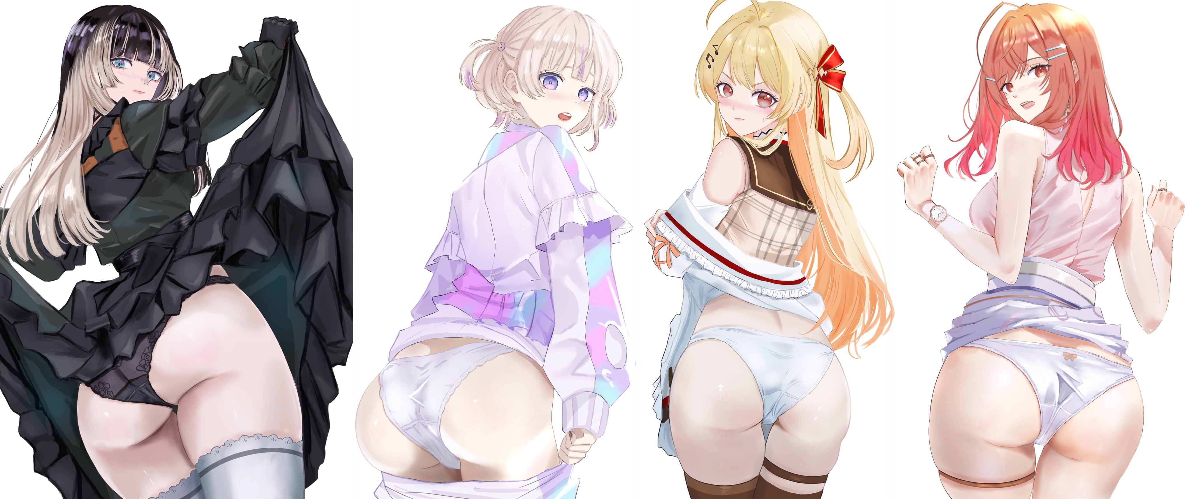 4girls, ass, back view, beige hair, black hair, black panties, blonde hair, blush, clothed, clothing, dhbwinner, dress, dress lift, embarrassed, female only, green eyes, grey hair, hair ornament, hairclips, hololive, hololive dev is, hololive japan, hololive regloss, ichijou ririka, juufuutei raden, light skin, light-skinned female, looking at viewer, looking back, nose blush, orange eyes, orange hair, otonose kanade, panties, purple eyes, red eyes, simple background, todoroki hajime, two-tone hair, virtual youtuber, white background, white panties