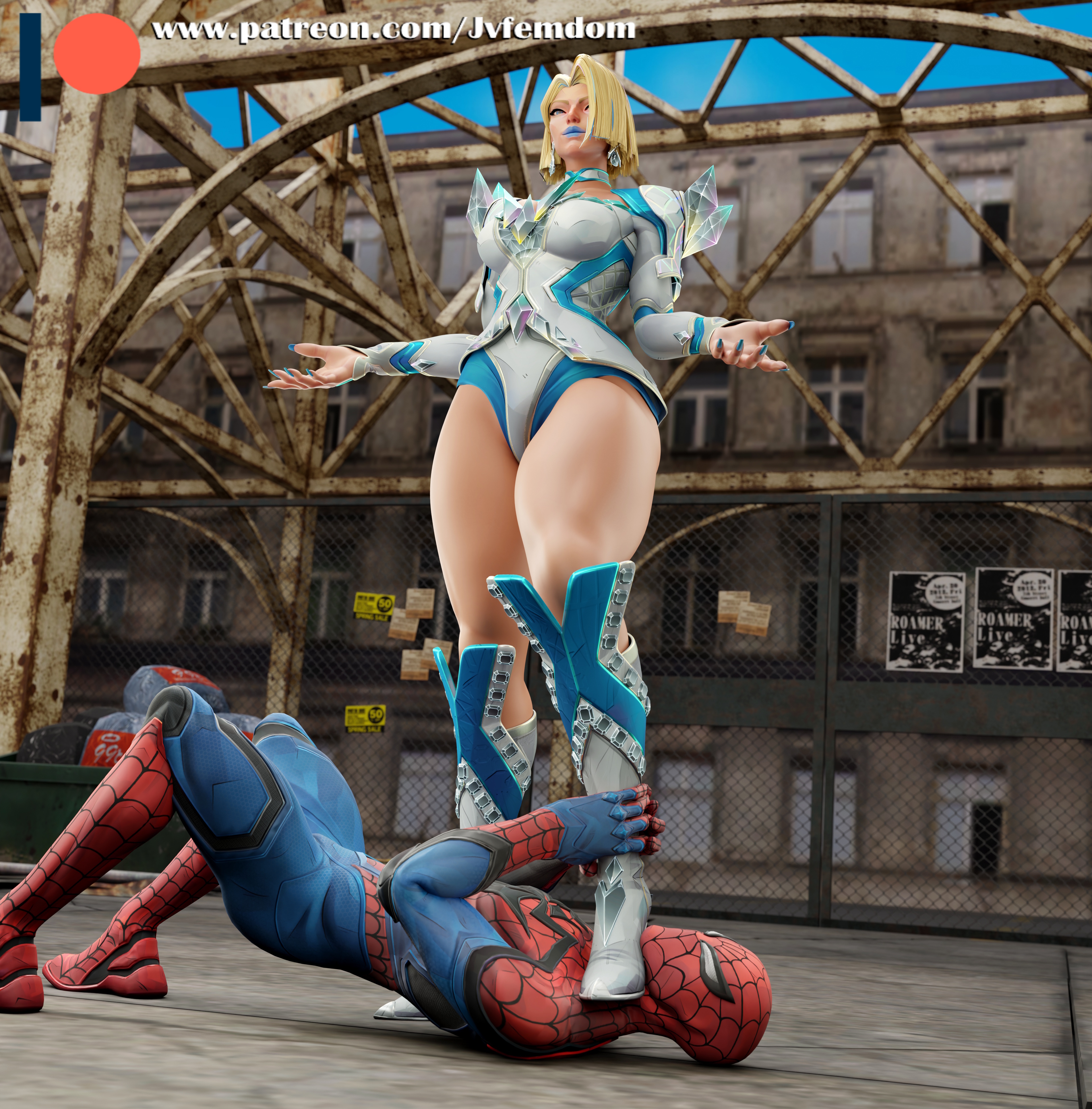 1boy, 1girl, 3d, absurd res, arrogant, ass, baddie, beaten, blender, blonde hair, blue lipstick, boot fetish, boots, choking, clothed, clothed female, defeated, dominant, dominant female, domination, dominatrix, emma frost, emma frost (marvel rivals), female, female domination, female/male, femdom, fully clothed, helpless, high heel boots, high heels, highres, humiliated, humiliating, humiliation, jpeg, jvfemdom, knee boots, legs, light skin, light-skinned female, looking pleasured, male, male on female, male/female, malesub, marvel, marvel rivals, mixed wrestling, muscular, muscular thighs, non-nude, passed out, pinned, pinned down, round ass, round butt, sadism, sadistic, sadistic female, short hair, smile, smirk, smug, smug face, smug grin, spider-man, spider-man (marvel rivals), spider-man (series), stepped on, stepping on head, submission, submission hold, submissive, suffocation, superheroine, thick thighs, trample, trampling, utter domination, villain, villainess, white boots, wrestling