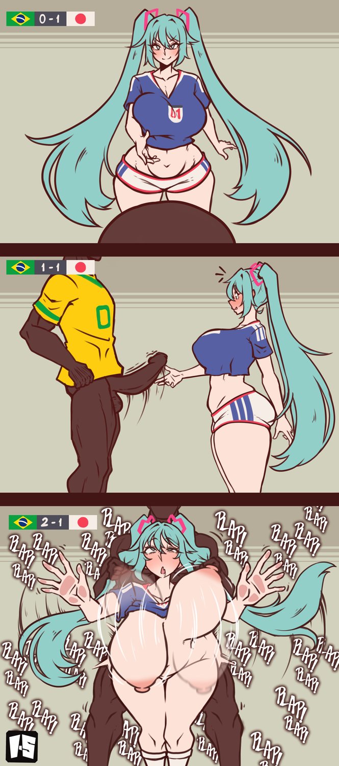 1boy, 1girls, against surface, anus, areola, ass, bent over, big areola, big ass, big breasts, big nipples, big penis, big thighs, blue body, blue eyes, brazil, brazilian, breasts, clothed sex, color, comic, dark skin, dark-skinned male, doggy style, dominant male, drooling, eyes rolling back, female, femsub, football, from behind, from behind position, fucked silly, generic dark-skinned-muscular male, gigantic ass, gigantic breasts, gigantic thighs, hatsune miku, hetero, huge areola, huge ass, huge breasts, huge penis, huge thighs, human, human only, i-spoks, ilustretsspoks, instant loss, japanese, japanese female, light skin, light-skinned female, long hair, male, maledom, nipples, open eyes, open mouth, partially clothed, penetration, penis, penis awe, penis in pussy, pussy, sex, soccer, soccer uniform, standing, standing sex, straight, submissive female, thick thighs, thighs, twitter link, vocaloid, world cup