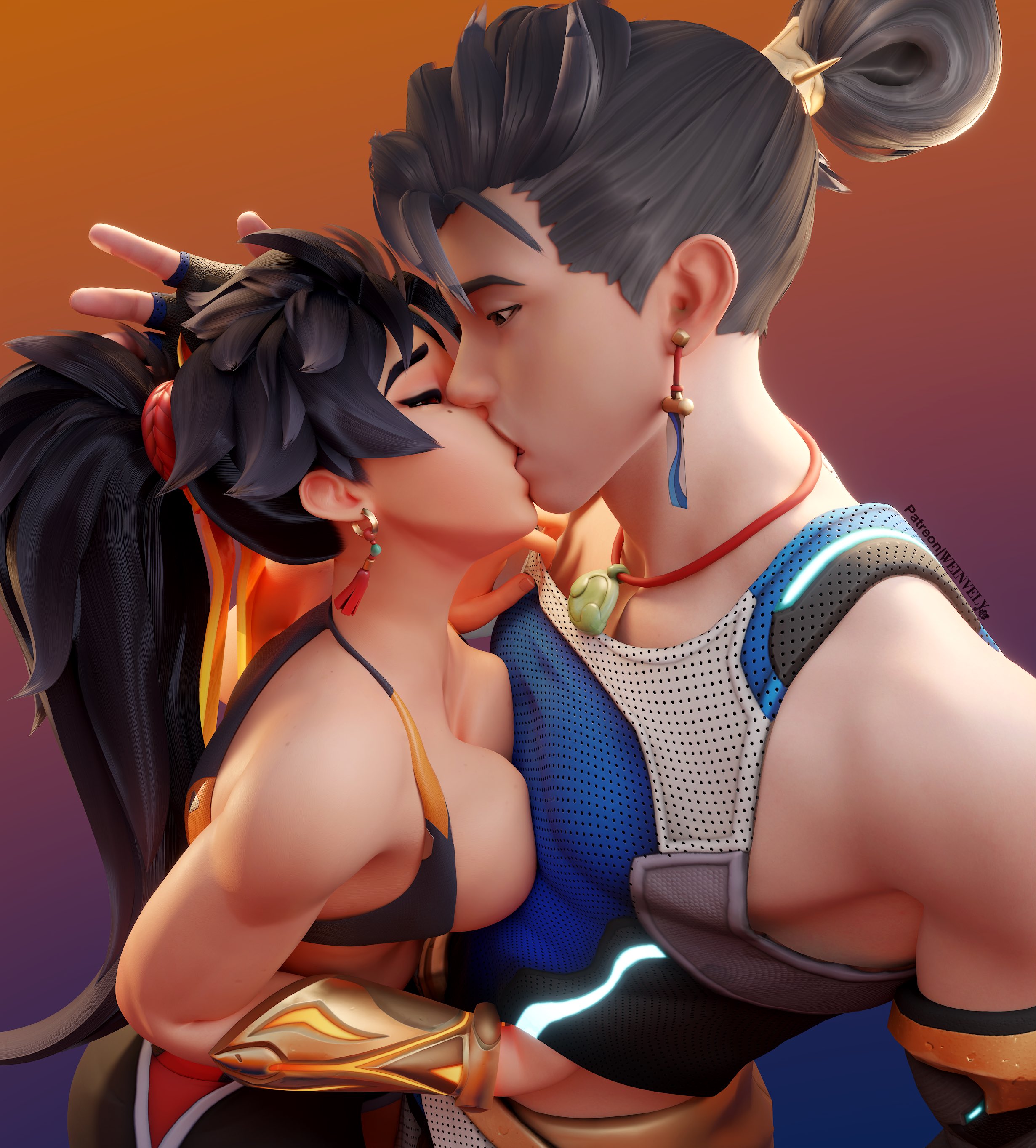1boy, 1girls, 3d, 3d (artwork), anran, anran ye, asian, asian female, asian male, athletic, athletic female, athletic male, big breasts, black hair, blizzard entertainment, breasts out, brother and sister, chinese, chinese female, chinese male, closed eyes, fingerless gloves, gloves, highres, incest, kissing, light skin, light-skinned female, light-skinned male, older sister, overwatch, overwatch 2, ponytail, siblings, weinvely, wuyang, wuyang ye, younger brother