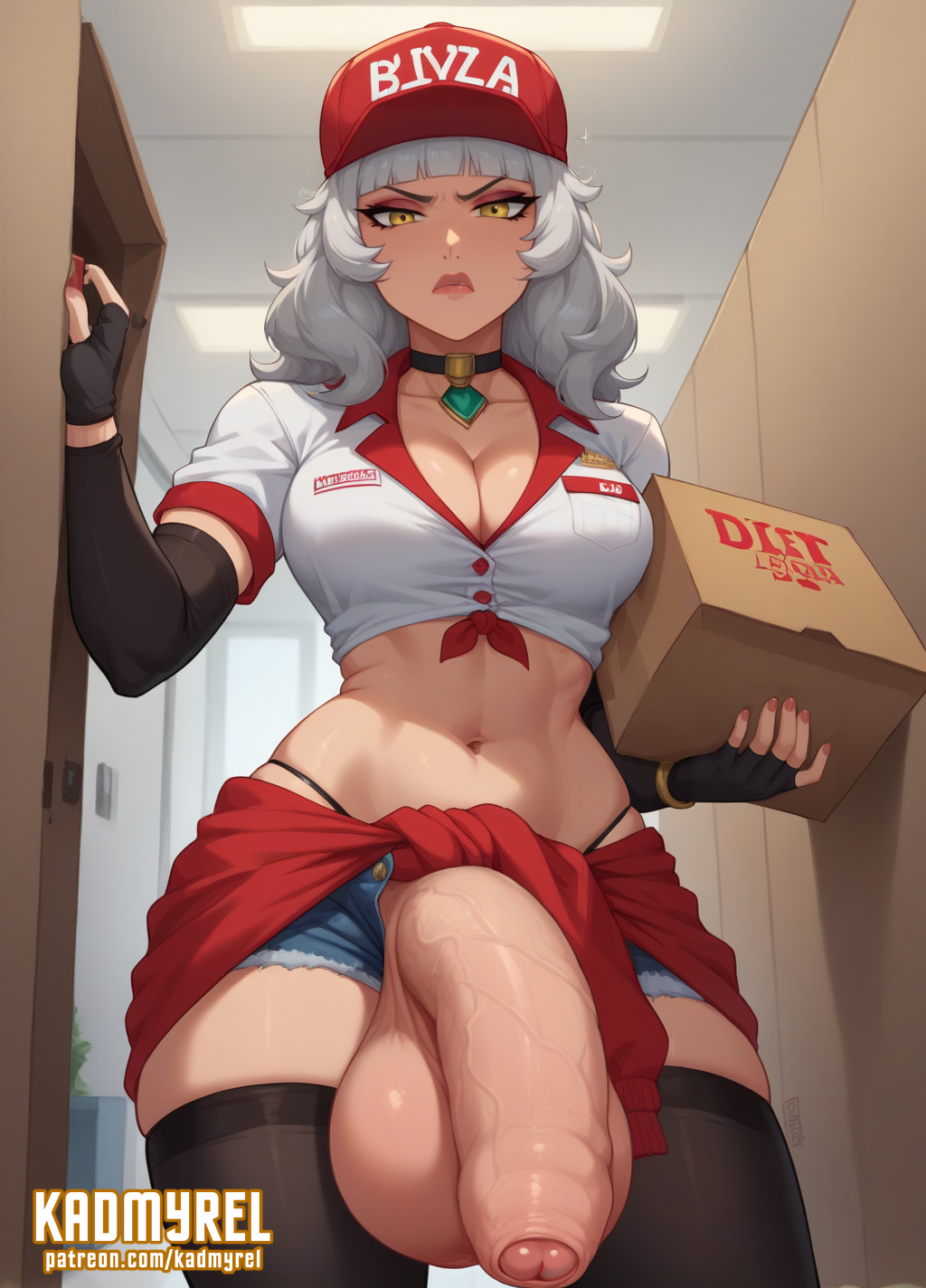 1futa, abs, ai generated, amber eyes, angry, angry expression, angry face, annoyed, annoyed expression, annoyed face, balls, baseball cap, big balls, big breasts, big penis, big testicles, breasts, cap, caption, clothes around waist, delivery (commerce), detached sleeves, dialogue, dominant, dominant expression, elbow gloves, eye contact, flaccid, flaccid penis, foreskin, from below, futa only, futanari, grey hair, huge balls, huge breasts, huge cock, huge testicles, intersex, jeans, kadmyrel, league of legends, long gloves, looking at viewer, pants, pants down, penis, penis out of pants, pizza, pizza box, pizza delivery, pizza futa, pizza girl, pov, presenting, presenting penis, qiyana yunalai, silver hair, solo, solo focus, submissive pov, taker pov, testicles, text, thighs, uncircumcised, uncircumcised penis, uncut, uncut penis, uniform, white hair