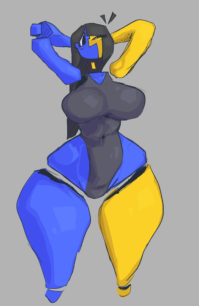 black hair, blue body, blush, breasts, ena, ena (series), female, female only, hands behind head, hourglass figure, huge breasts, large breasts, long hair, navel, slim waist, smile, swimsuit, tagme, tagme (artist), thick thighs, thunder thighs, tight clothing, voluptuous, wide hips, yellow body