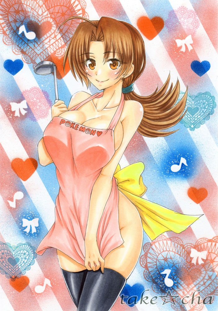 1girls, ahoge, alternate breast size, apron, artist name, big breasts, black legwear, blush, breasts, brown eyes, brown hair, cleavage, delia ketchum (pokemon), female, female only, heart, human, human only, ladel, ladle, large breasts, long hair, marker (medium), mature female, milf, mother, musical note, naked apron, nintendo, no bra, no panties, nude, pokemon, ponytail, sketch, smile, solo, takecha, text, thighhighs, tied hair, traditional media, watermark
