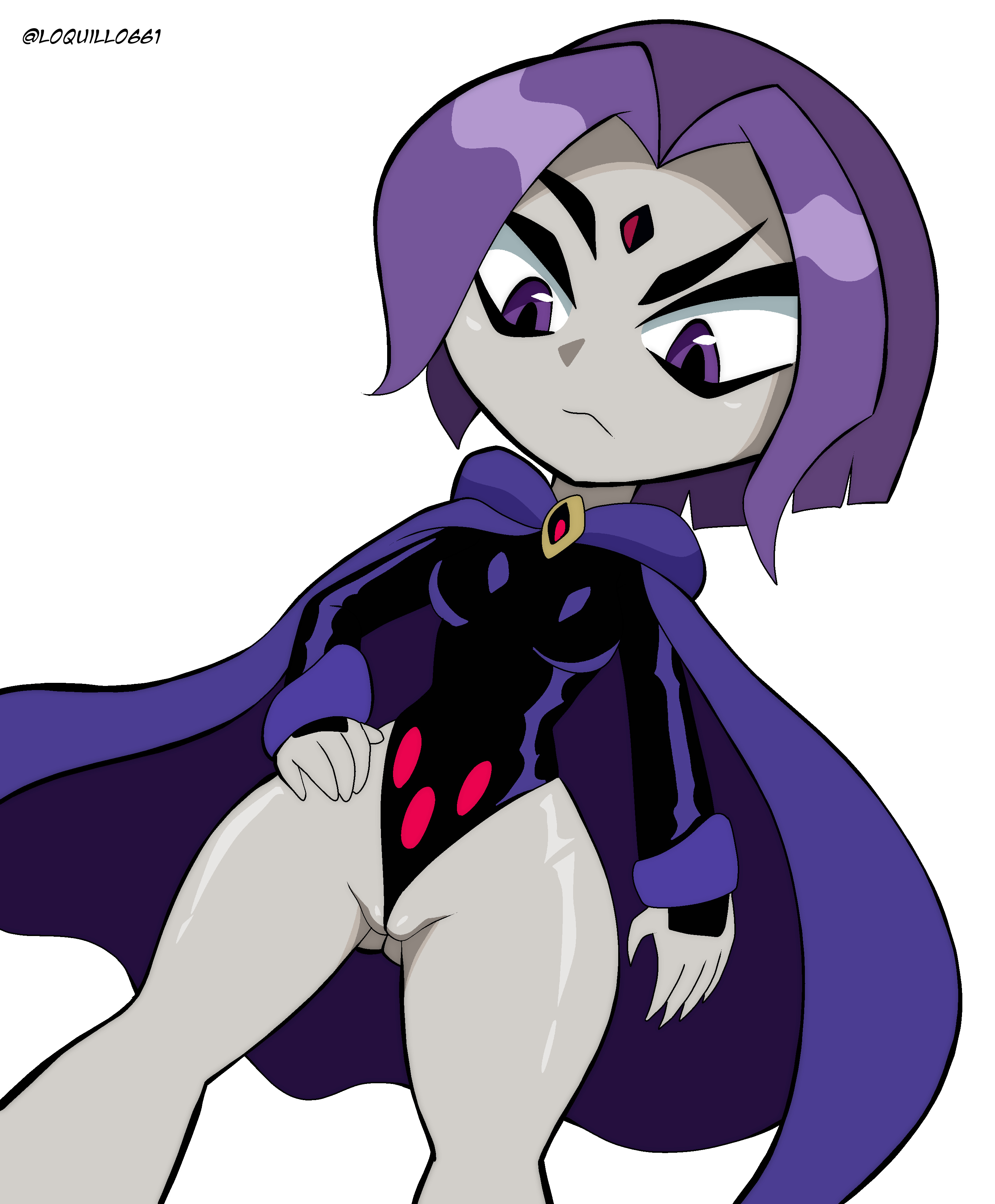 1girls, alternate hair color, alternate hairstyle, cameltoe, cartoon network, casual, clothing, concept art raven (teen titans go!), dc, dc comics, female, female only, grey skin, grey-skinned female, human, loquillo, nonsexual, outerwear, pale skin, purple eyes, purple hair, raven (dc), raven (teen titans go!), solo, teen titans go, white background
