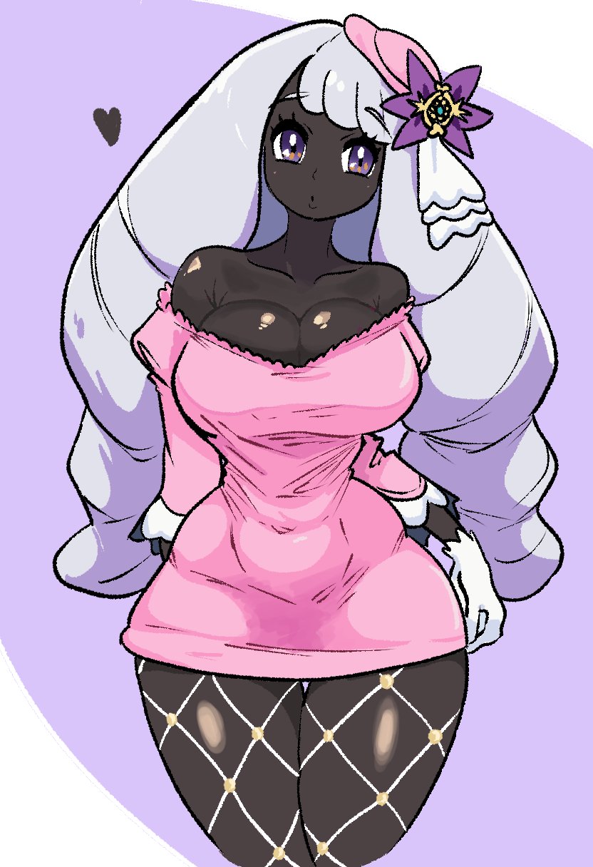 bare shoulders, breasts, cleavage, dark skin, dark skinned female, dress, dumbwitchyy, female, female only, fishnets, gloves, headgear, heart, hourglass figure, hourglass figured female, jacinthe (pokemon), large breasts, lavender hair, long hair, pokemon, pokemon legends: z-a, pokemon za, purple eyes, tagme, thick thighs, tight clothing, voluptuous, wide hips, yukari (pokemon)