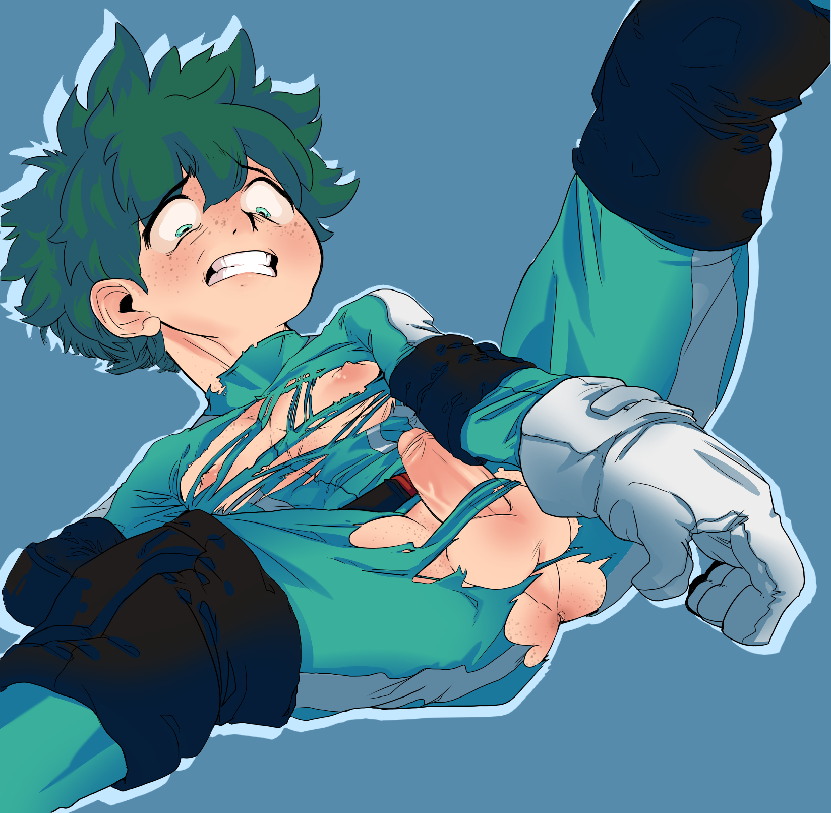 1boy, anus, asian, ass, balls, erect penis, erection, gloves, green eyes, green hair, izuku midoriya, lying, male, male focus, male nipples, male only, midoriya izuku, midoriya izuku (hero outfit), my hero academia, nipples, no panties, no underwear, penis, penis out, smooth skin, solo, tan skin, tan-skinned male, teenager, testicles, torn clothes, torn clothing, undressing, veiny penis, white gloves