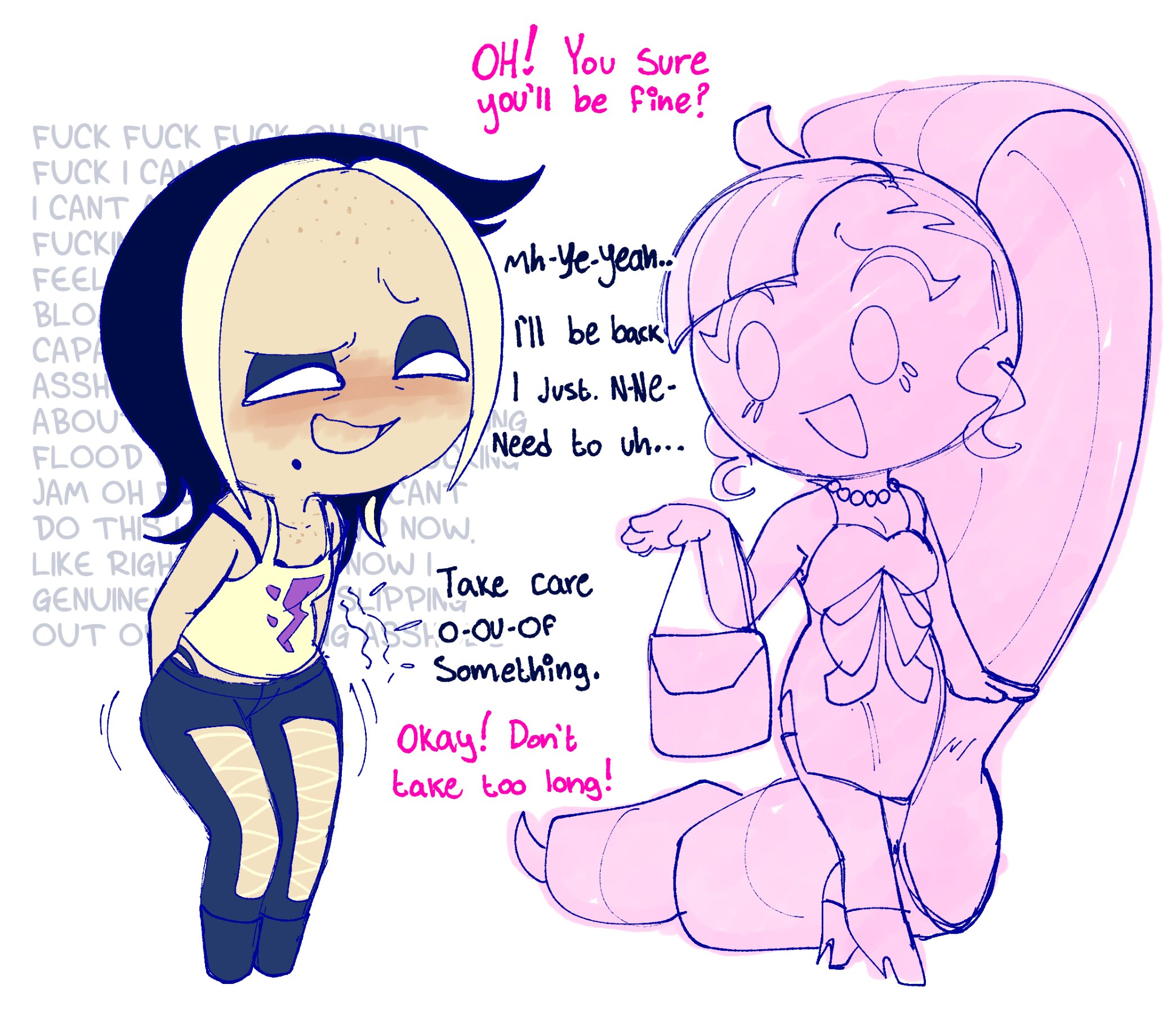 black hair, black lemonade cookie, bowel sounds, conversation, cookie run, cookie run kingdom, desperation, imminent scat, implied scat, inner dialogue, need to poop, permafrost (artist), scat, shining glitter cookie, stomach ache, yellow hair