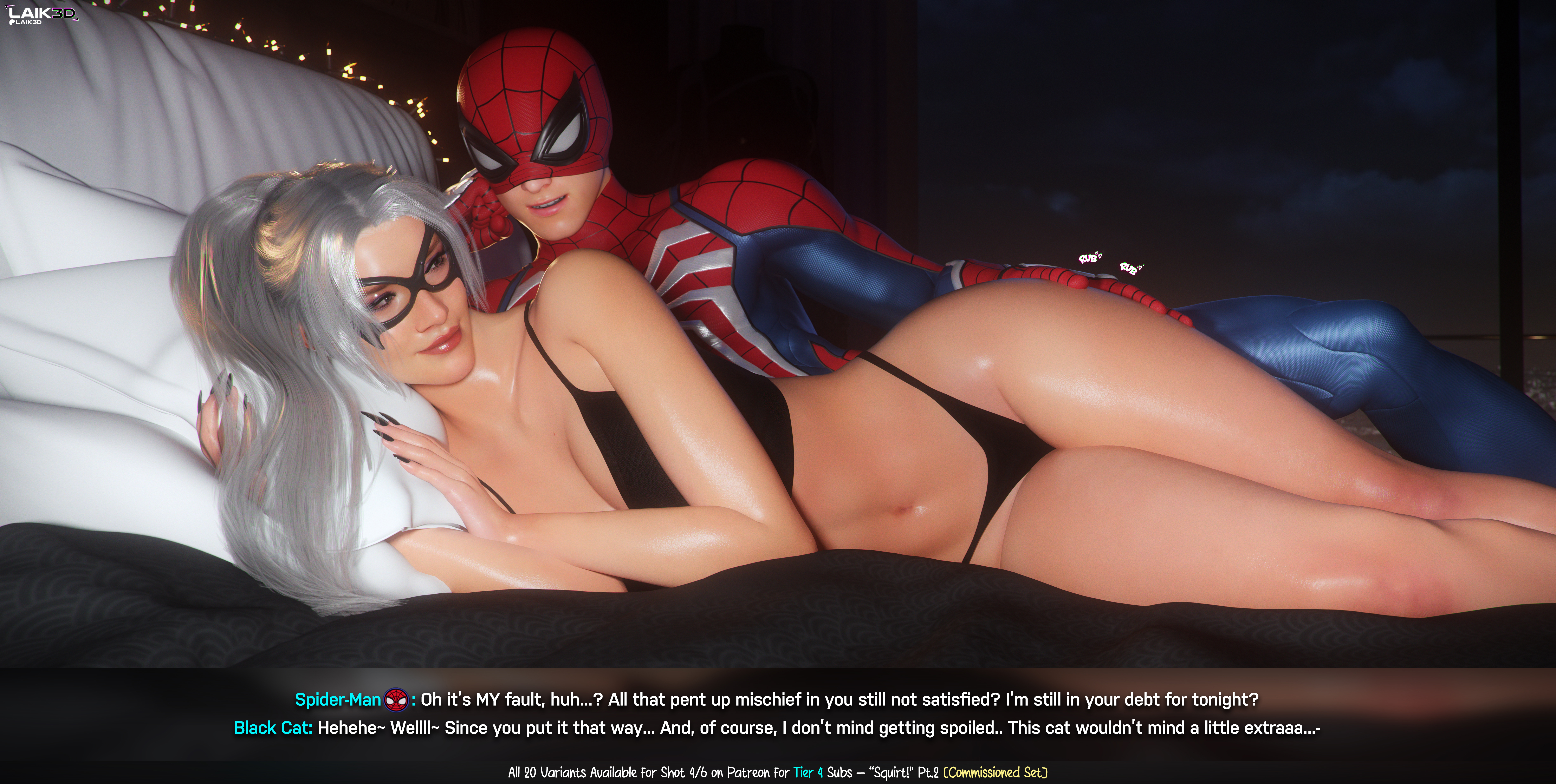 1boy, 1boy1girl, 1girl1boy, 1girls, 2026, 3d, 3d (artwork), after sex, big breasts, black cat (insomniac), black cat (marvel), black lingerie, black nail polish, breasts, comic, comic page, comic panel, comic strip, couple, couple (romantic), couple love, couples, cuddling, curvaceous, curvaceous body, curvaceous female, curvaceous figure, curvaceous hips, curvy, curvy body, curvy female, curvy figure, curvy hips, dialogue, felicia hardy, female, glossy, glossy body, glossy skin, high quality, high resolution, highres, hips, hourglass figure, huge breasts, itslaiknsfw, juicy lips, laik3d, laiknsfw, large breasts, light skin, light-skinned female, light-skinned male, lingerie, looking at partner, love, lovers, lovers moment, male, marvel, marvel comics, mask, masked, masked female, masked male, massive breasts, nail polish, on bed, on the bed, onomatopoeia, panties, peter parker, ponytail, red lipstick, romantic, romantic couple, seductive, seductive look, self upload, shiny, shiny breasts, shiny lips, shiny skin, spider-man, spider-man (insomniac series), spider-man (insomniac), spider-man (series), spooning, superhero, superhero couple, superheroine, tank top, text, thick, thick ass, thick breasts, thick hips, thick thighs, voluptuous, voluptuous female, white hair, wholesome, wide hips