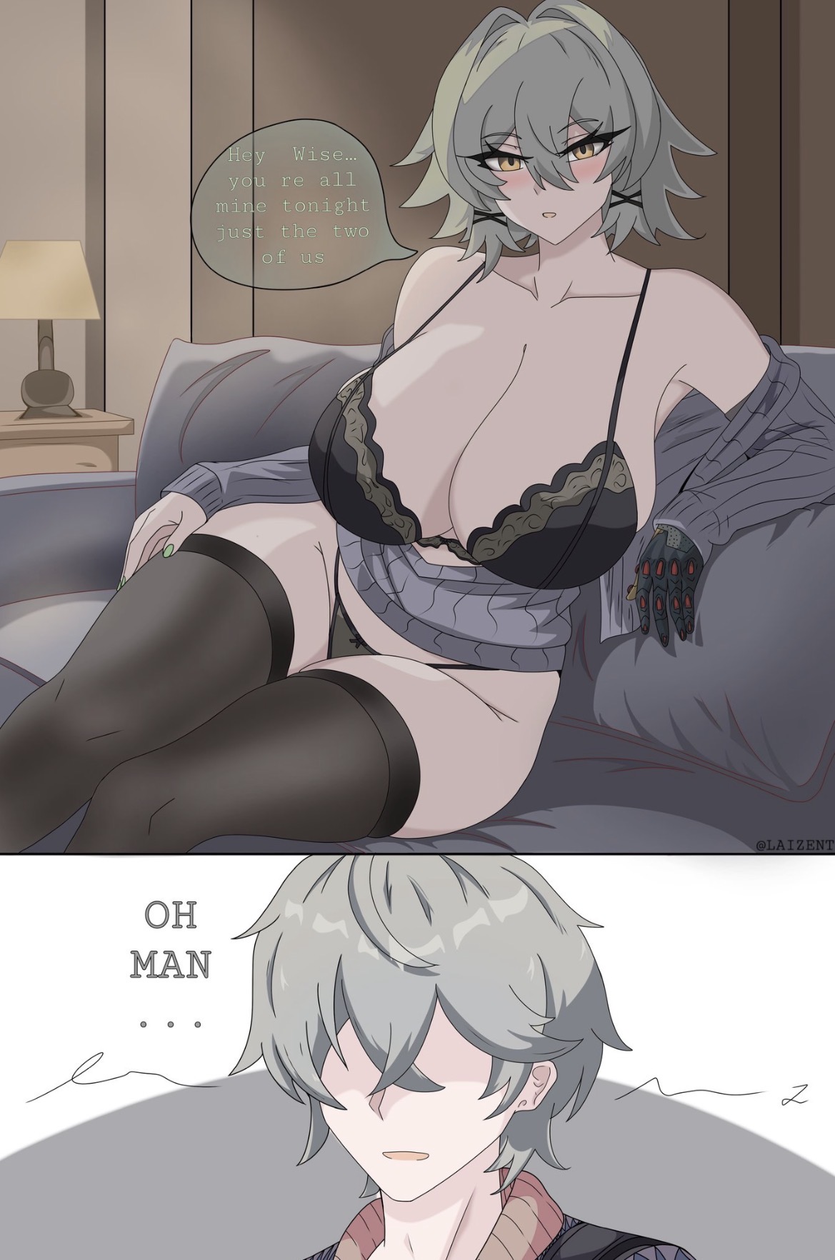 1girls, artzyzen, big breasts, black bra, black legwear, black panties, black thighhighs, blush, bra, breasts, brown eyes, busty female, caesar king, cleavage, clothing, eyeless male, female, green hair, grey hair, horny male, lacy bra, laizent art, legs together, male/female, matching underwear, open mouth, panties, shirt, shirt down, short hair, stockings thigh highs, talking to another, thick thighs, thighhighs, wide hips, wise (zenless zone zero), zenless zone zero
