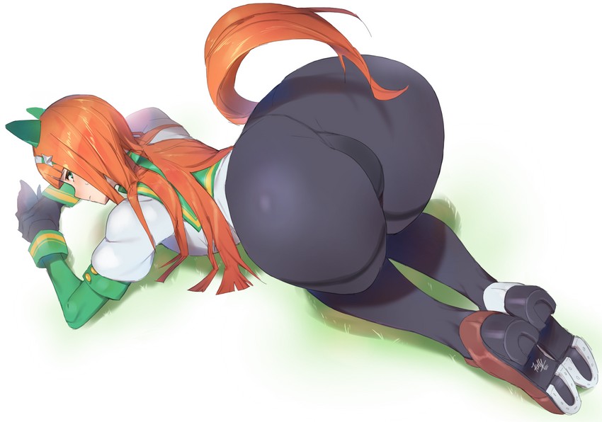all fours, animal ears, ass, black gloves, black pantyhose, commentary request, female, full-length portrait, gloves, green eyes, horse ears, horse girl, horse tail, illust kuma, kuma (jk0073), long hair, orange hair, pantyhose, signature, silence suzuka (innocent silence), silence suzuka (umamusume), solo, tail, umamusume