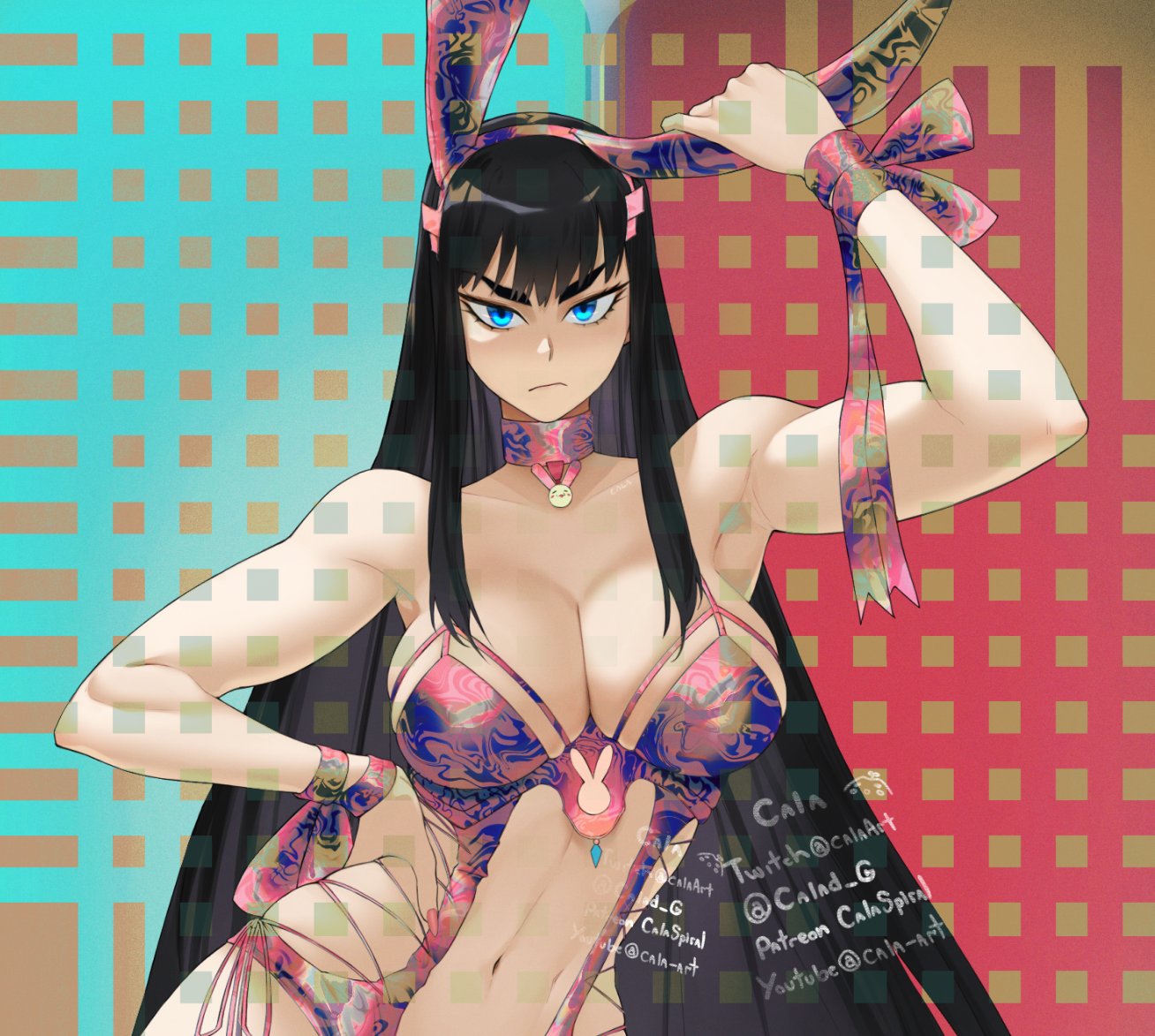 armpits, bare shoulders, black hair, blue eyes, breasts, bunny ears, bunny girl, bunnysuit, calad g, choker, cleavage, female, female only, fit, fit female, hand on hip, hand up, holding, kill la kill, kiryuuin satsuki, large breasts, long hair, looking at viewer, mean, mean look, navel, revealing clothes, slim waist, tagme, thick thighs, voluptuous, wide hips