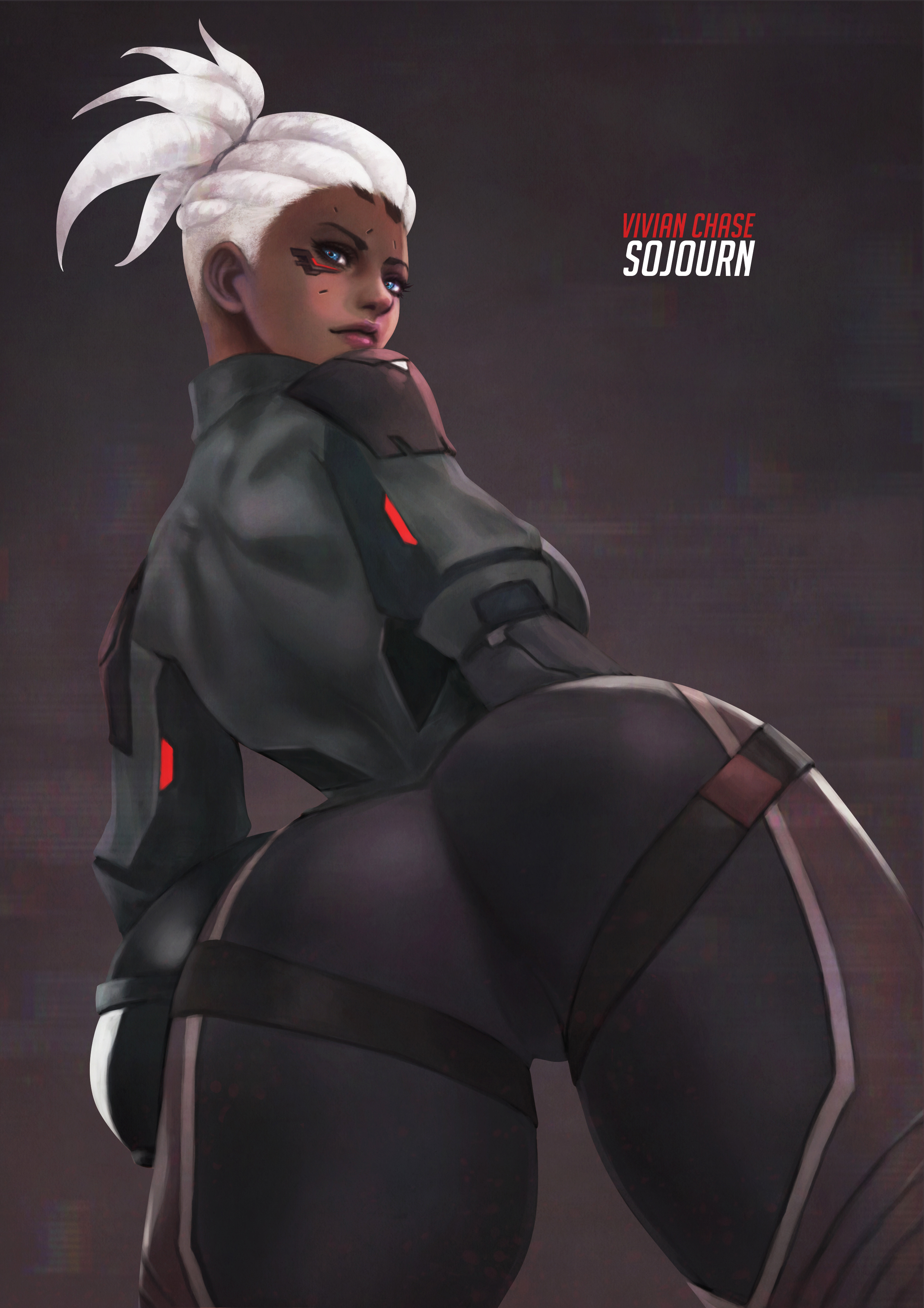 2d, 2d (artwork), ass, ass focus, big ass, blizzard entertainment, costume, cyborg, cyborg girl, dark skin, dark-skinned female, dreadlocks, ebony, ebony female, female, female only, gilf, grey hair, looking back, monorirogue, old woman, overwatch, overwatch 2, ponytail, sojourn (overwatch)