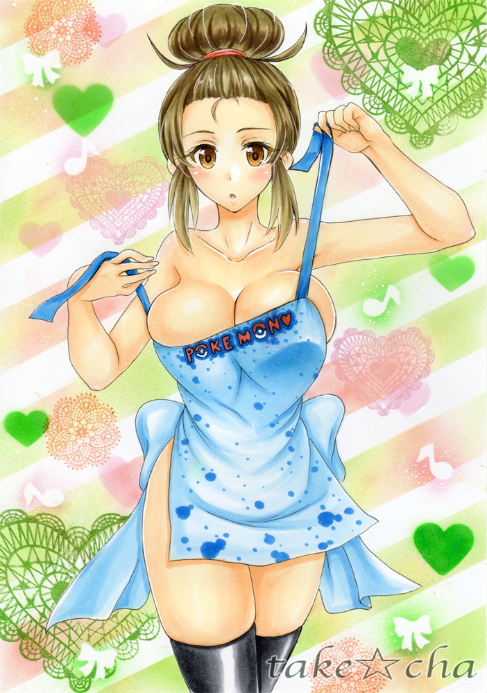 1girls, 2d, 2d (artwork), apron, bare shoulders, blush, breasts, brown eyes, brown hair, cleavage, female, female only, hair bun, human, human only, large breasts, looking at viewer, milf, mother (pokemon bw2), naked apron, nintendo, no bra, no panties, nude, open mouth, pokemon, pokemon bw2, sketch, solo, standing, takecha, text, thighhighs, watermark