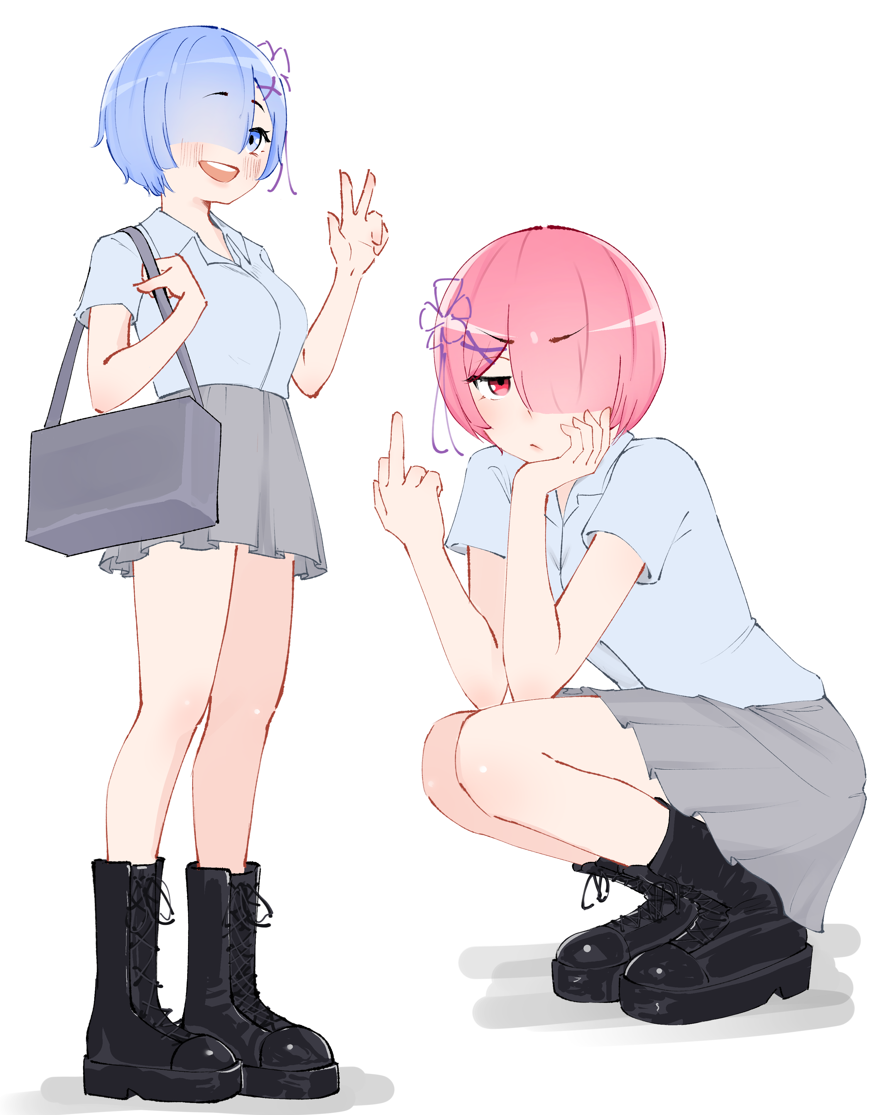 blue hair, flipping off, one eye covered, one eye obstructed, peace sign, pink hair, ram (re:zero), re:zero kara hajimeru isekai seikatsu, rem (re:zero), school uniform, tagme, wipe.