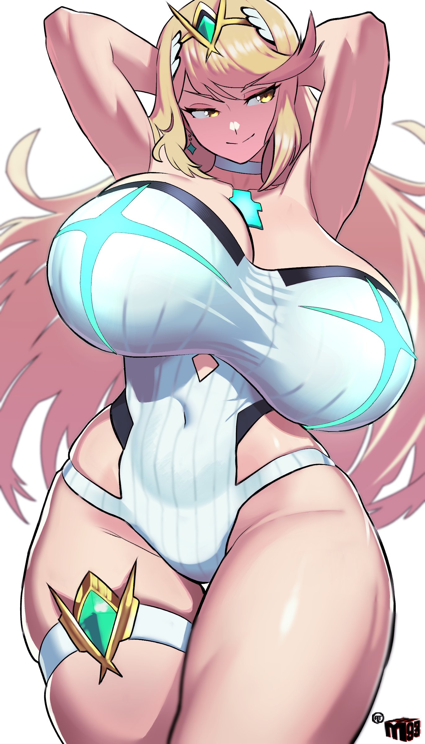 1girls, 2d, 2d (artwork)armpits, arms up, artist logo, big breasts, big tits, blonde hair, breasts, breasts bigger than head, busty, choker, circlet, covered navel, curvaceous, curvy, curvy female, curvy figure, earrings, eyelashes, female, female focus, female only, glowing eyes, hands behind head, huge breasts, large breasts, mewmaster93, mythra, mythra (xenoblade), seductive, seductive pose, seductive smile, simple background, small waist, smile, solid color background, straight hair, swimsuit, tall female, thick thighs, thigh strap, tits, very long hair, video game character, white background, xenoblade (series), xenoblade chronicles 2, yellow eyes