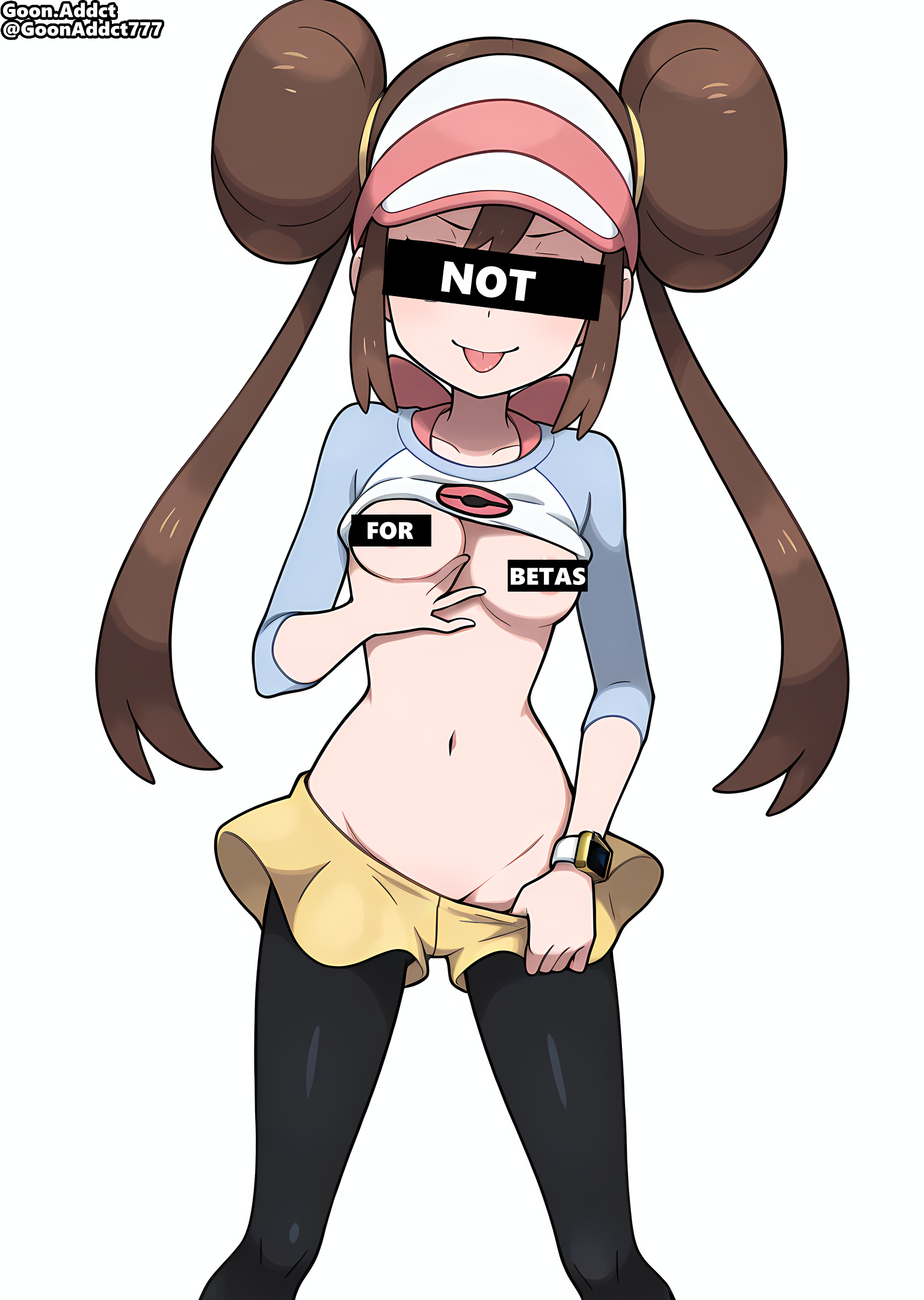 1female, 1girls, ai generated, beta block, beta blockers, beta censorship, beta male, beta safe, black pantyhose, blue eyes, breasts, breasts exposed, breasts out, brown hair, buns, caption, captioned, censor bar, censored, clothes lift, clothes pull, cuckold, cuckolding, cuckolding images with text, denial, exposed breasts, female, flashing breasts, flashing viewer, girl, goon.addct, grabbing own breasts, jitome, lifting shirt, long hair, looking at viewer, medium breasts, navel, nipples, pants down, pantyhose, pantyhose under shorts, pelvic line, pelvis, petite, pokemon, pulling down pants, pulling own clothes, rosa (pokemon), shirt, shirt up, shirt up pants down, shorts, small breasts, smirk, smug, solo, standing, sticking out tongue, teasing, teasing viewer, text, tongue, tongue out, twin buns, twintails, visor cap, white background, yellow shorts, young, young female