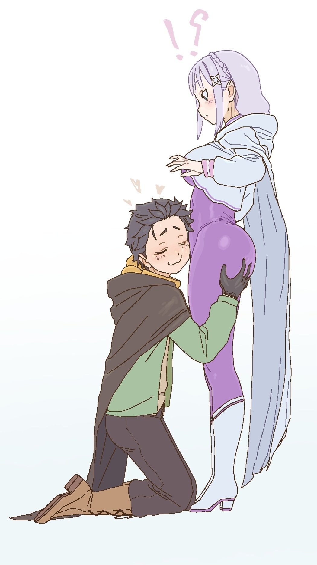 ?!, 1boy, 1girls, ass grab, ass worship, elf, elf ears, elf female, emilia (re:zero), jumpsuit, kneeling, large ass, lorum, natsuki subaru, purple eyes, re:zero kara hajimeru isekai seikatsu, silver hair, standing, thick thighs, tight clothing, white background, white cloak