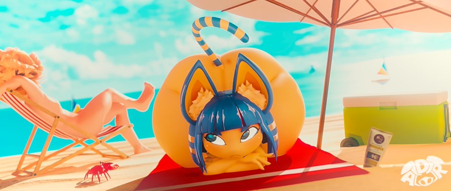 3d, adriandustred, animal crossing, ankha, ankha (animal crossing), ankha (zy0n7), ass, ass visible from the front, beach, big ass, face down ass up, front view, naked female, nintendo, thick thighs, wide hips