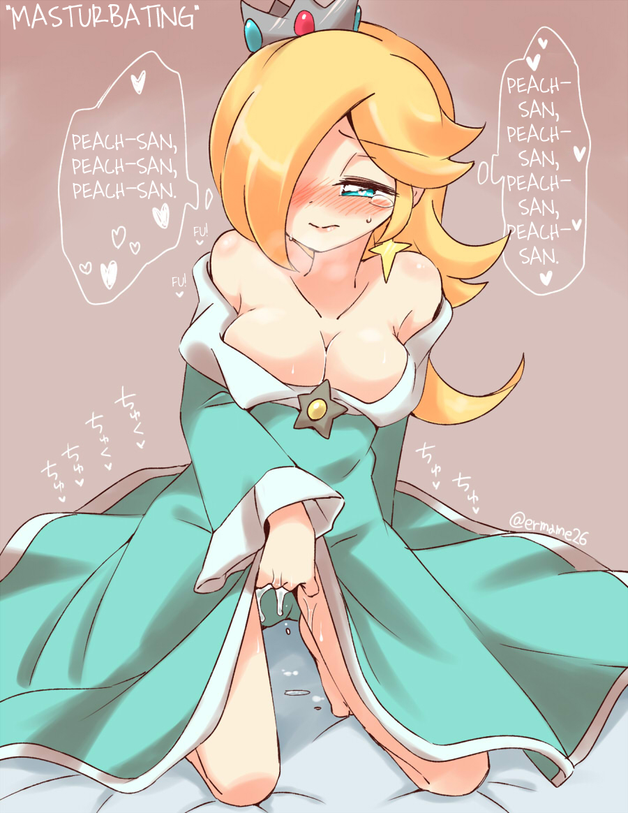 1girls aqua_dress bare_shoulders blonde_hair blue_eyes blush breasts cleavage crown dress earrings english_text eromame female female_only hair hair_over_one_eye hard_translated implied_yuri jewelry kneeling large_breasts long_hair long_sleeves mario_(series) masturbation nintendo pervert princess_dress princess_rosalina pussy_juice solo tears text translated wide_sleeves