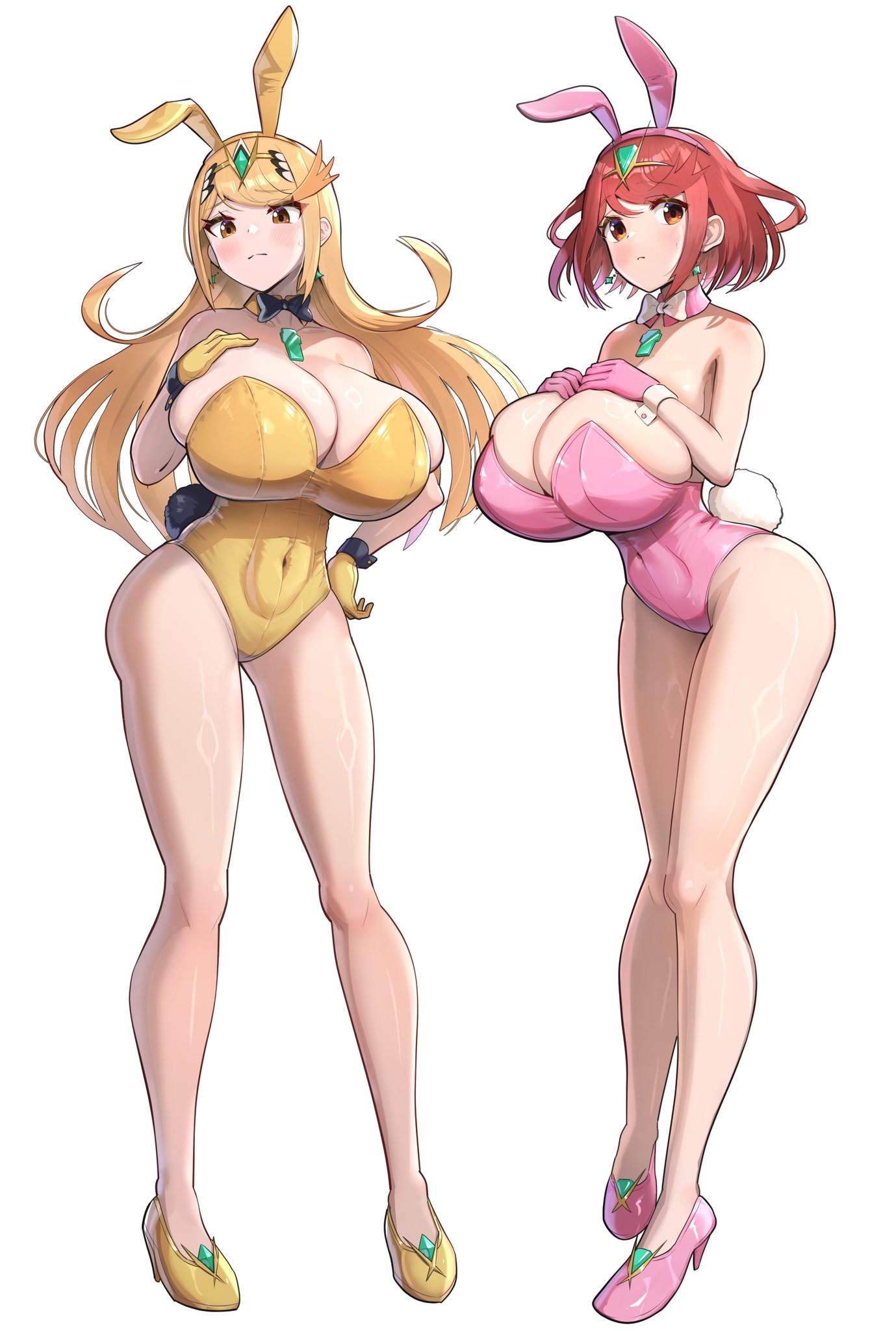 2girls, alternate costume, alternate version available, blonde hair, bow, bowtie, breasts, breasts bigger than head, bunny ears, bunny tail, bunnysuit, collar, colored, core crystal, core crystal (xenoblade), cuff links, fake animal ears, fake tail, gloves, gonzarez, heels, high heels, huge breasts, large breasts, leotard, long hair, looking at viewer, monolith soft, mythra, nintendo, pyra, red eyes, red hair, tagme, xenoblade (series), xenoblade chronicles 2, yellow eyes
