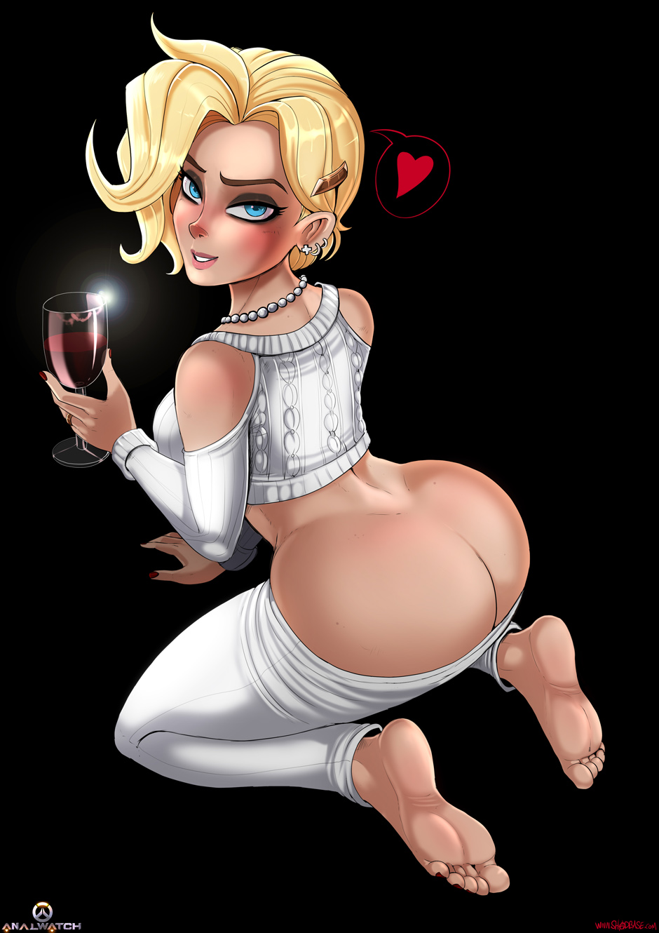 <3, 1girls, ass, barefoot, bedroom eyes, big ass, big butt, blonde hair, blue eyes, blush, breasts, bubble ass, bubble butt, caked up, cheesecake, covered breasts, dimples of venus, drink, earring, earrings, exposed ass, feet, female, female only, jewelry, large ass, large breasts, lips, looking back, mercy, midriff, nail polish, necklace, overwatch, overwatch 2, pants, ring, shadman, short hair, sideboob, soles, solo, tagme, text, toenail polish, toes, wine