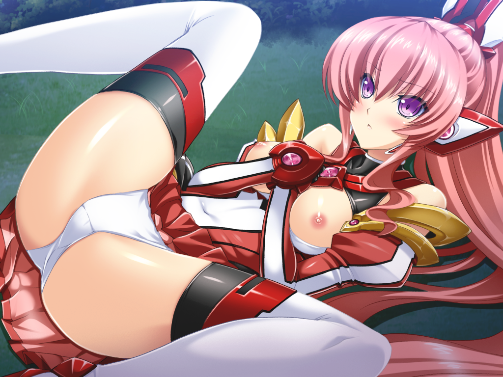 1girls blush breasts closed_mouth clothing ekusutia_chevalier female female_only frown game_cg katsuragi_marina kouyoku_senki_exs-tia kouyoku_senki_exs-tia_2 leg_up long_hair lusterise lying magical_girl nipples panties pink_hair ponytail purple_eyes red_skirt solo spread_legs thighhighs tied_hair white_legwear white_panties white_thighhighs