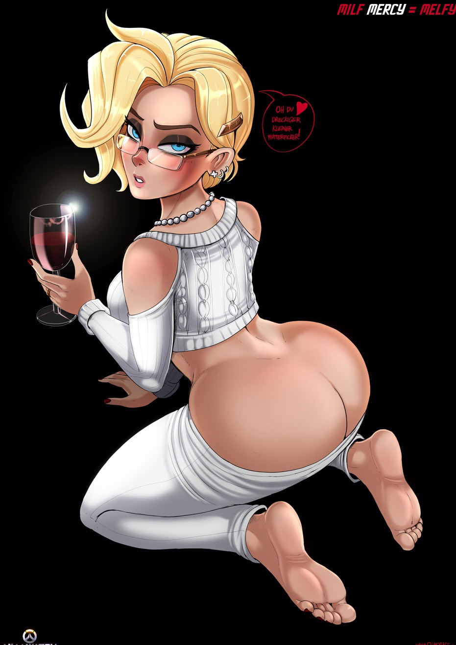 1girls adjusting_glasses ass barefoot big_ass blonde_hair blue_eyes blush breasts covered_breasts dat_ass drink earring earrings english_text exposed_ass feet female female_only german_text glasses jewelry large_ass large_breasts lips looking_back mercy midriff nail_polish necklace overwatch pants ring shadman short_hair sideboob soles solo tagme text toenail_polish toes wine