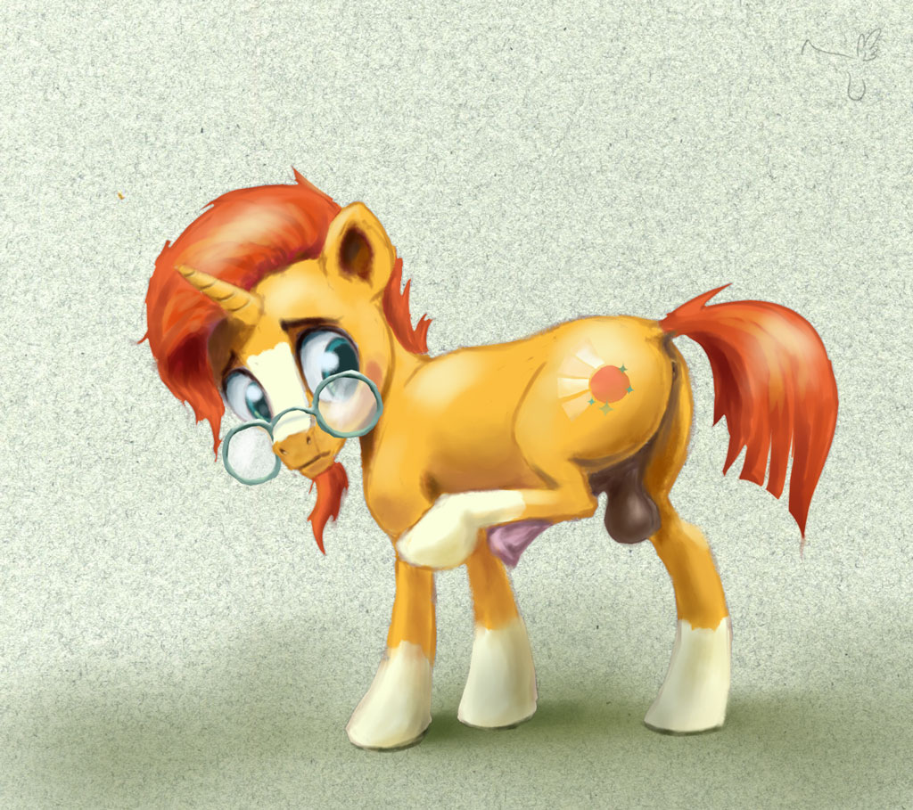 2016 animal_genitalia animal_penis ass balls blue_eyes blush brown_hair cutie_mark el-yeguero equine equine_penis eyewear feral friendship_is_magic fur glasses grey_background hair horn horsecock male male_only mammal my_little_pony orange_fur penis simple_background solo sunburst_(mlp) unicorn