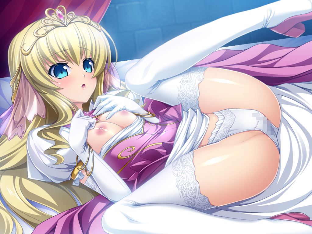 bed blonde_hair blue_eyes blush breasts censored character_request clothing diadem elbow_gloves female game_cg gloves hair_ornament kouyoku_senki_exs-tia kouyoku_senki_exs-tia_2 leg_up lips long_hair lusterise lying nipples open_mouth panties short_sleeves small_breasts solo spread_legs thighhighs white_gloves white_legwear white_panties white_thighhighs