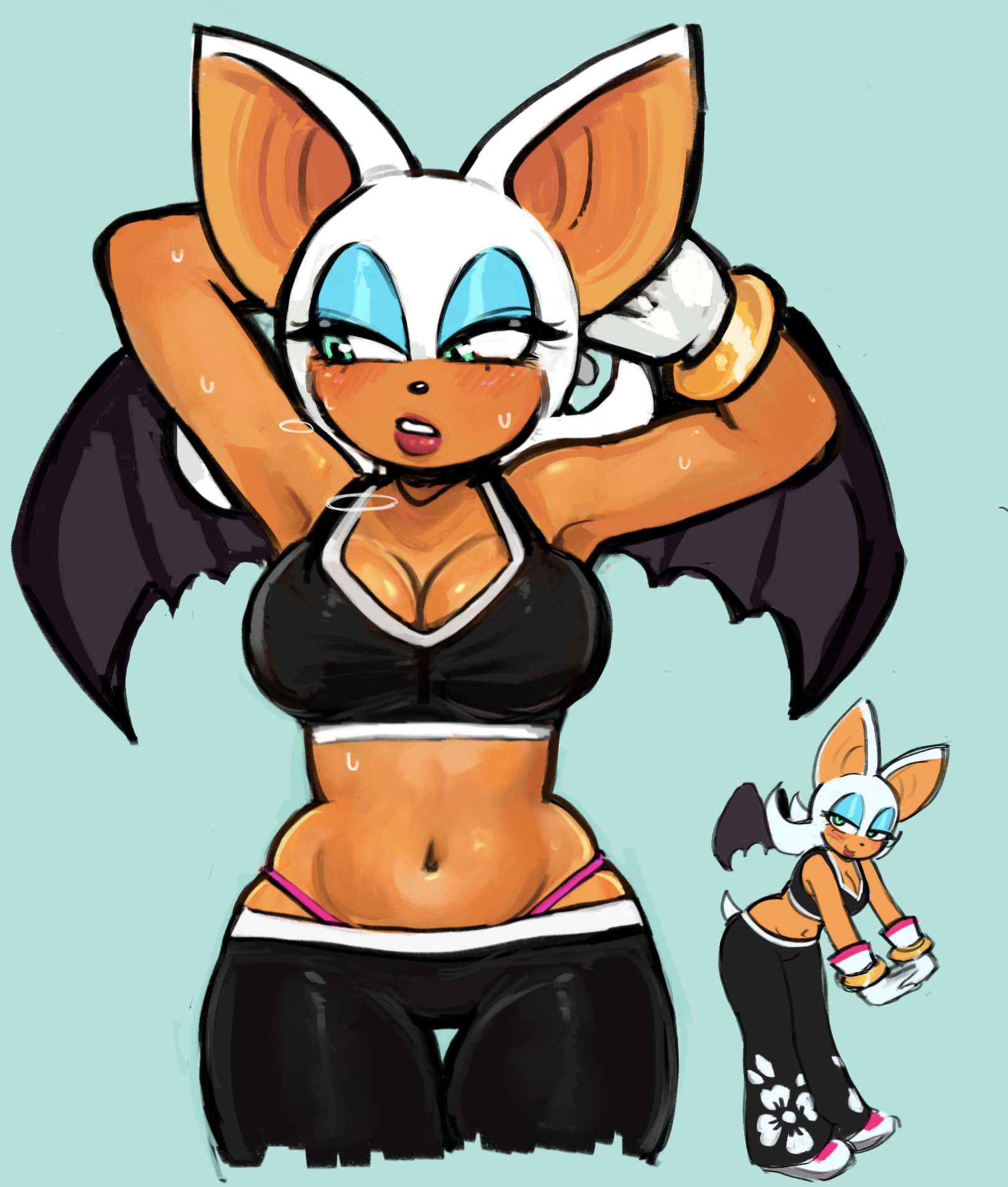 1girls, bat ears, bat girl, bat wings, blue eyeshadow, breasts, busty, cleavage, female, green eyes, orange skin, rouge the bat, sonic (series), sonic the hedgehog (series), thong, unaluu nsfw, white fur, workout clothes