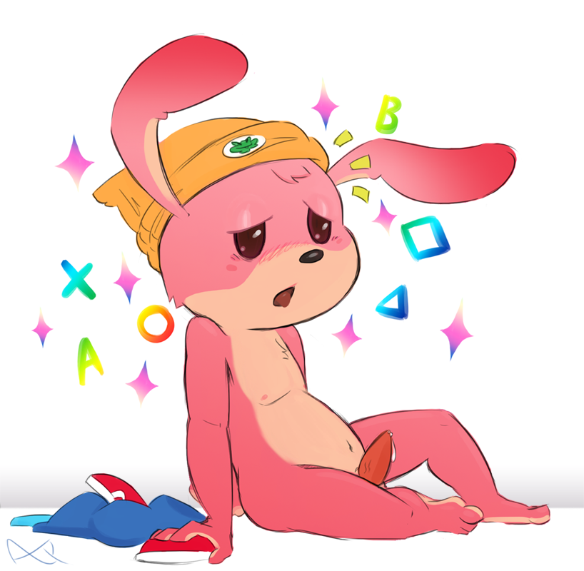 1boy anthro arcade_bunny barefoot beanie blush discarded_clothing dripping erection hat headgear lagomorph male male_only mammal navel nintendo nintendo_badge_arcade nipples notfornothin nude open_mouth parappa parappa_the_rapper penis plantigrade rabbit reclining side_view sitting solo tapering_penis vein veiny_penis video_games