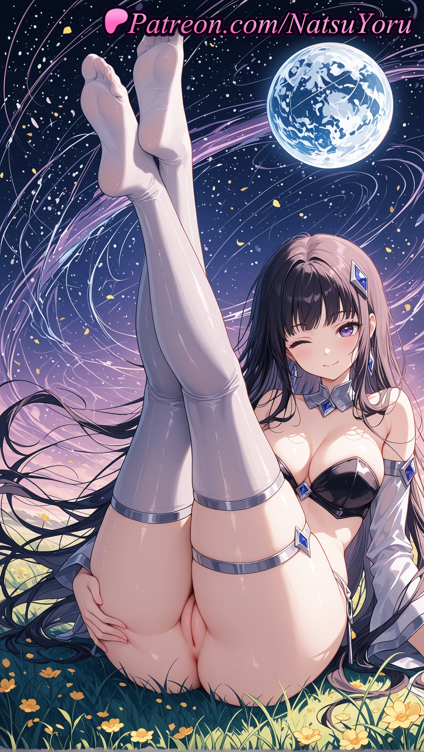 1girls, 2025, ai generated, anus, ass, bare shoulders, black hair, blackfire, breasts, cleavage, closed mouth, dc, dc comics, detached sleeves, feet, female, flower, grabbing own ass, hi res, highres, komand'r, large breasts, legs, legs up, long hair, looking at viewer, natsuyoru, no shoes, one eye closed, patreon, planet, purple eyes, pussy, revealing clothes, sitting, smile, soles, solo, teen titans, thigh strap, thighhighs, thighs, toes, uncensored, vagina, voluptuous, voluptuous female, warner brothers, white thighhighs