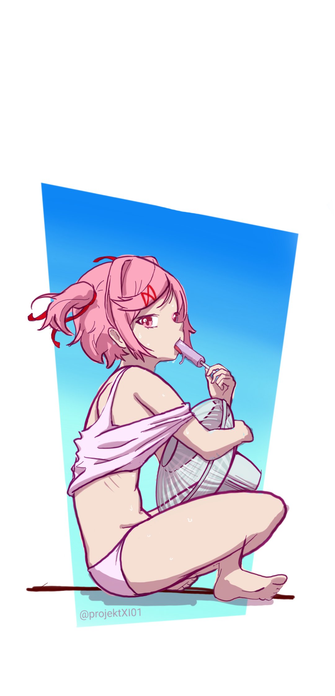 1girls, cooling off, doki doki literature club, fan, female, hot, lifting shirt, light skin, light-skinned female, natsuki (doki doki literature club), pink eyes, pink hair, popsicle, projektxi01, sitting, sweaty