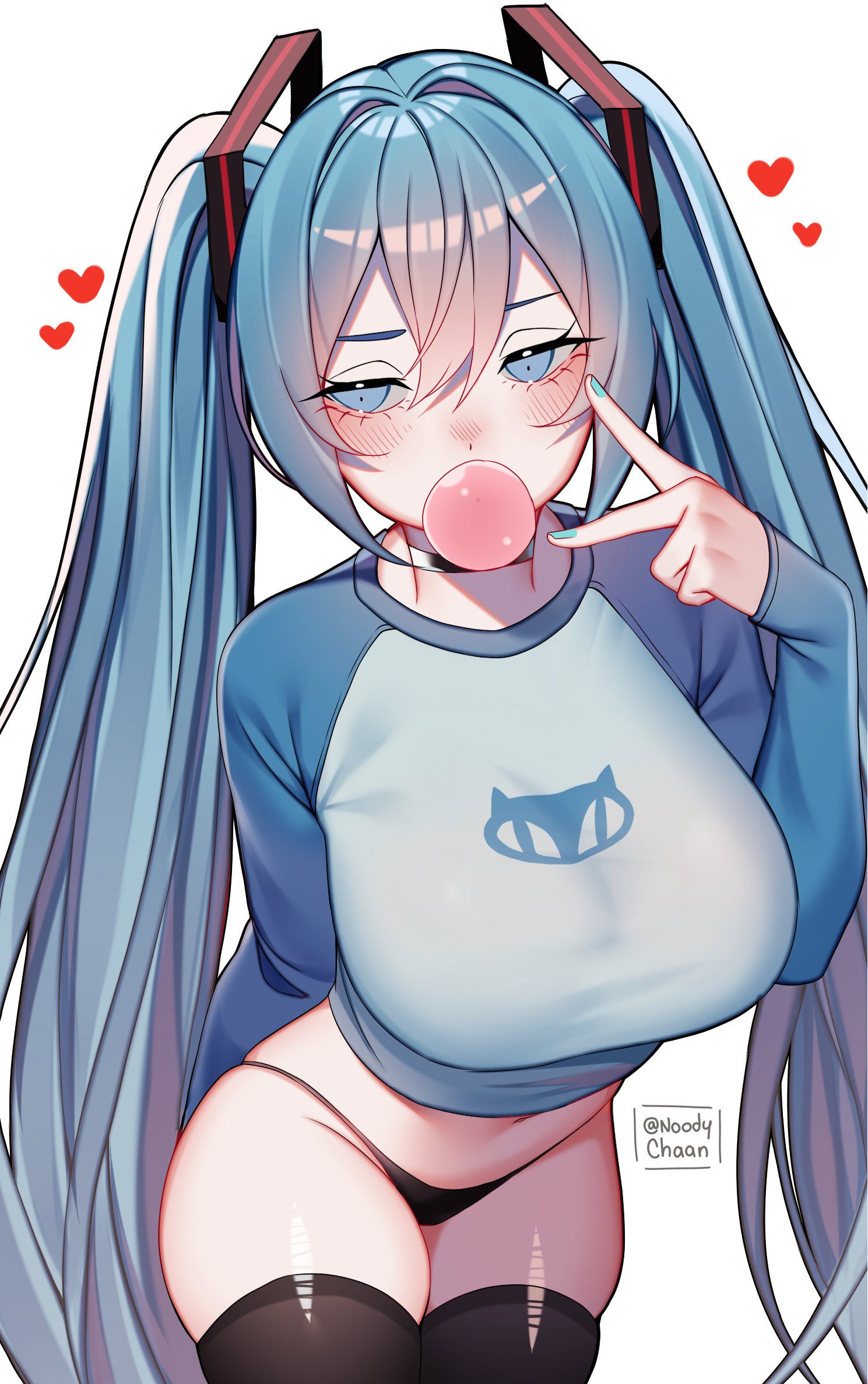 1girl, 1girls, artist name, bangs, ben 10, big breasts, bikini, black bikini, black choker, black panties, black thighhighs, blue eyes, blue hair, blue nails, blush, breasts, bubble blowing, chewing gum, choker, cowboy shot, crop top, female, gwen tennyson, gwen tennyson (classic), gwen tennyson (cosplay), hair between eyes, hatsune miku, heart, highres, large breasts, leaning forward, light blush, long hair, long sleeves, looking at viewer, nail polish, noodychaan, panties, raglan sleeves, shirt, simple background, skindentation, solo, swimsuit, thick thighs, thighhighs, thighs, twintails, twitter username, underwear, v, very long hair, vocaloid, white background
