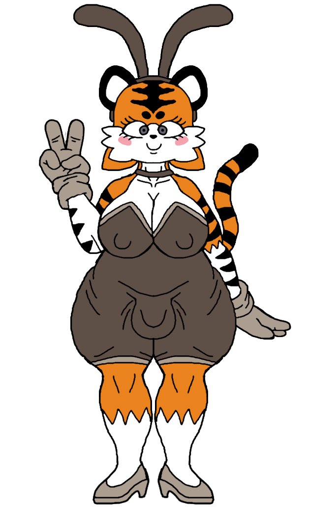 1futa 2-ban_(artist) 2d balls_visible_through_clothing big_ass big_balls big_breasts big_penis blush chubby clothes futanari nipples_visible_through_clothing oc orange_fur peace_sign penis_visible_through_clothing tagme taiga_stripes_(2-ban) tiger