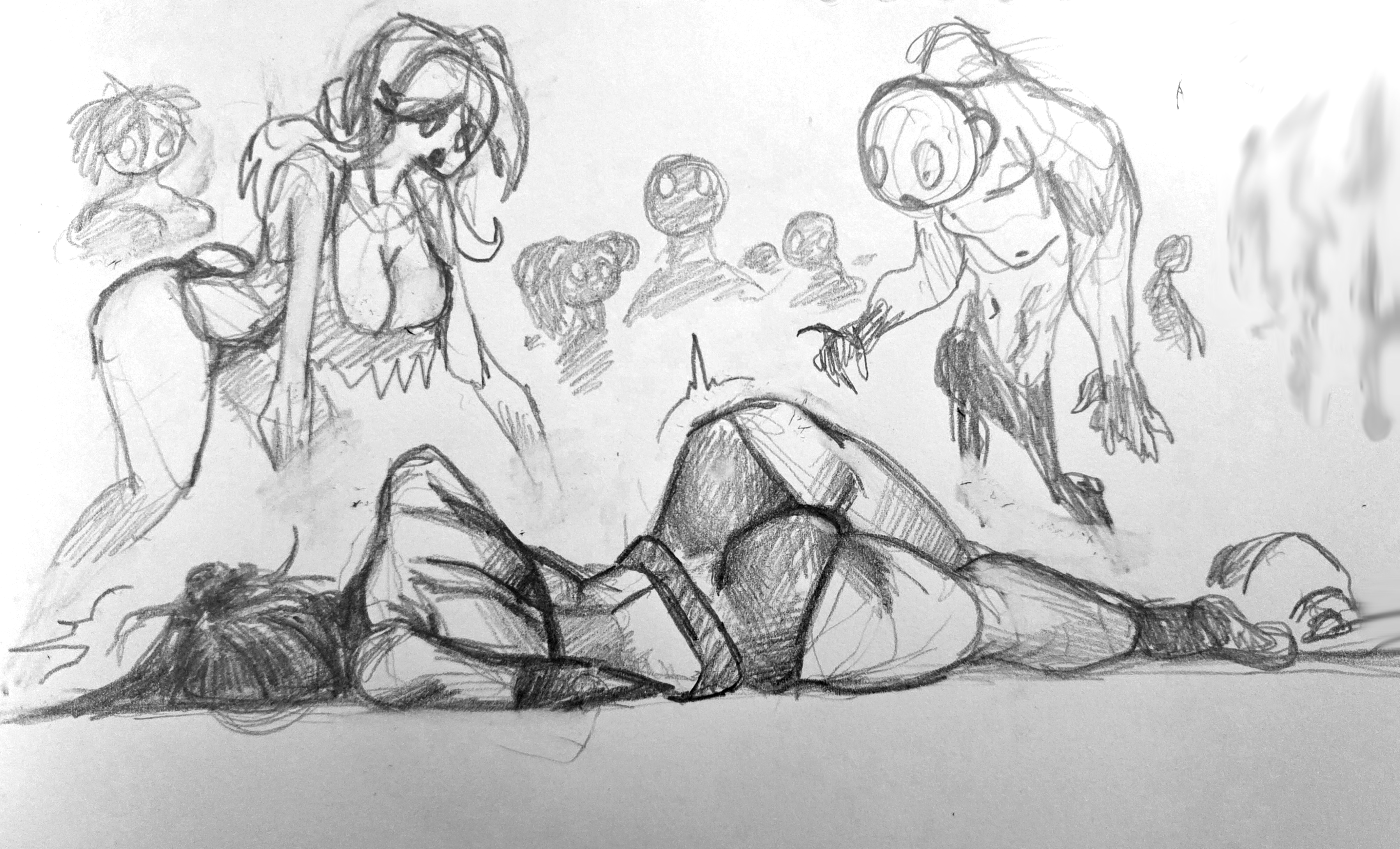 1boy, 1girls, 2d, 2d (artwork), 2d artwork, 2girls, ass, ass focus, ass up, back view, black hair, bra, breasts, butt focus, clothed, clothed female, clothed/nude, clothes, clothing, dead ahead, digital drawing, digital drawing (artwork), digital media, emptyskull302, female, female focus, hair, inminent sex, long hair, looking at partner, looking away, looking down, male, male focus, male/male, on floor, panties, partially clothed, polina (dead ahead), sketch, sketch page, standing, surrounded, tactical gear, torn clothes, torn clothing, witch (dead ahead), zombie, zombie boy, zombie girl, zombies