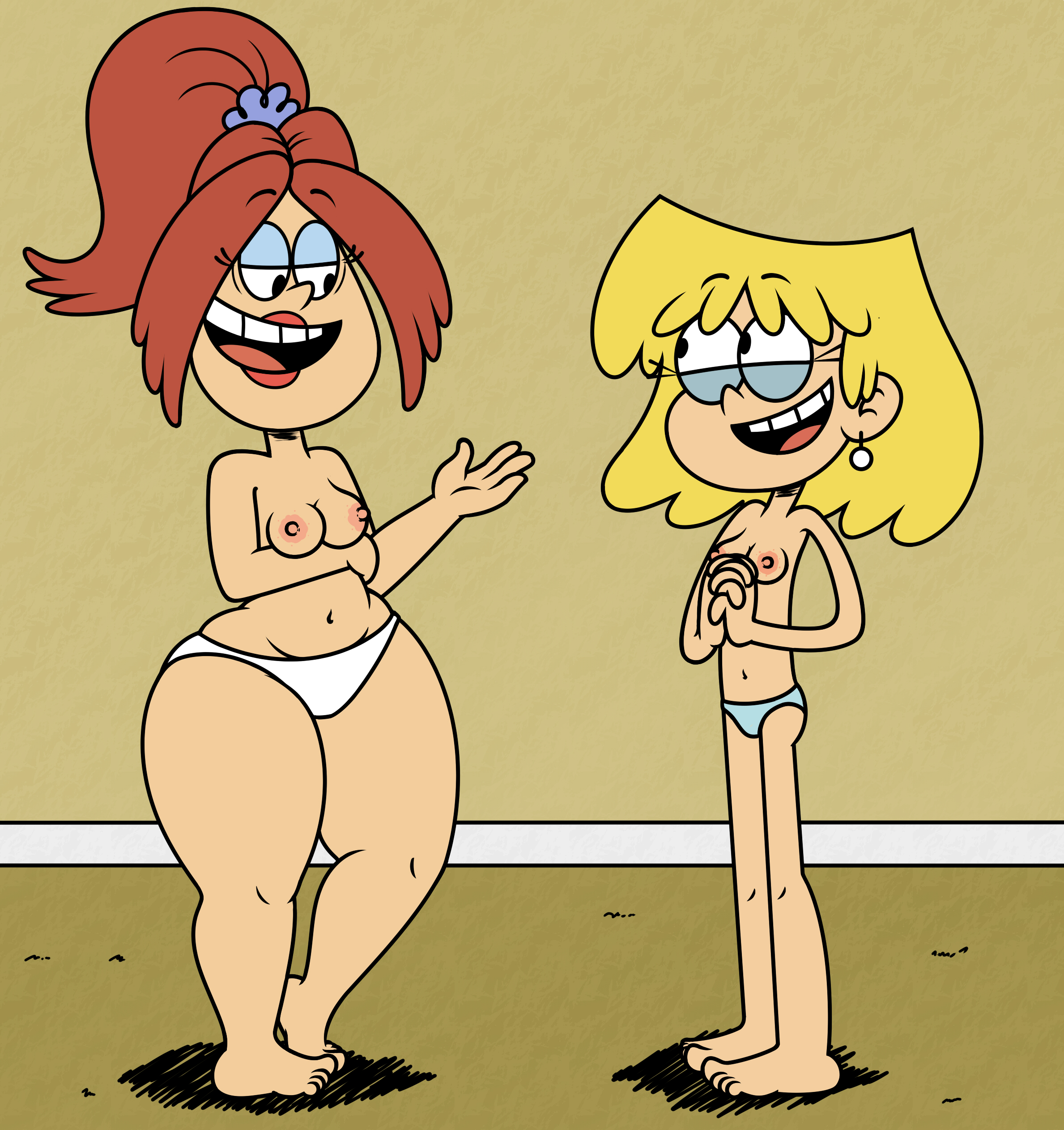2girls, accurate art style, alternate version at source, blonde hair, breasts, brita (the loud house), daughter (lore), exposed breasts, female, female focus, female only, lori loud, medium breasts, milf, mother, mother (lore), mother and daughter, nickelodeon, nickelodeon animation studio, panties, panties only, red hair, rita loud, small breasts, takeshi1000, the loud house, wig, young, younger female