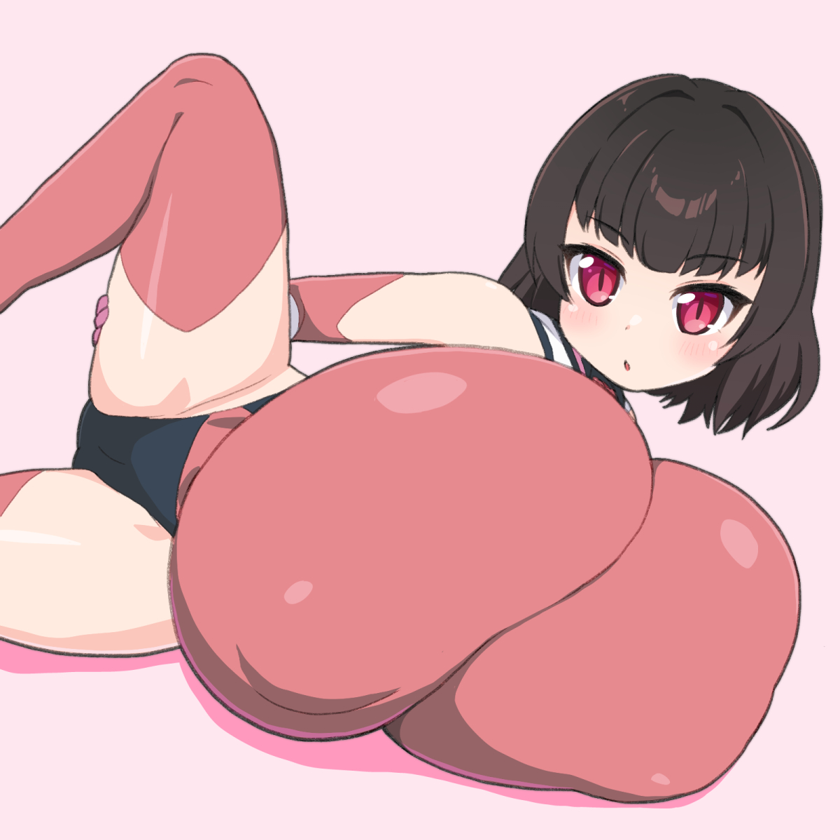 1girls, 2d, 2d (artwork), alternate version available, black hair, breasts, elbow gloves, enormous breasts, female, female focus, female only, gigantic breasts, gloves, hyper breasts, leotard, light skin, light-skinned female, lying, lying on side, nipple bulge, red eyes, senki zesshou symphogear, shirogane hakuba, short hair, shortstack, simple background, solo, solo female, solo focus, thighhighs, tsukuyomi shirabe