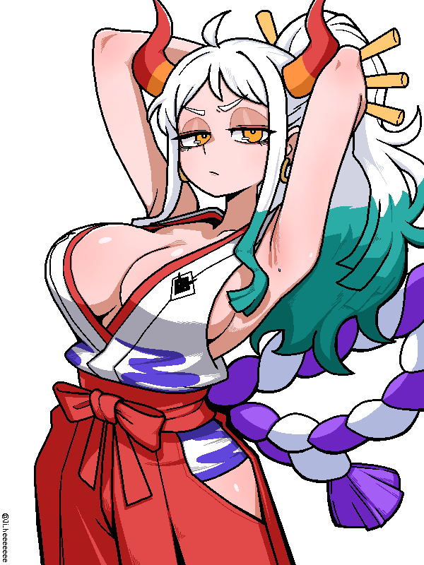 1girls, armpits, arms behind head, big breasts, blue hair, breasts, cleavage, closed mouth, clothing, earrings, female, female only, grumpy, hakama, half-closed eyes, horns, jaggy lines, japanese clothes, jewelry, ji heeeeeee, large breasts, long hair, looking at viewer, mole, mole on armpit, multicolored hair, multicolored horns, one piece, orange eyes, ponytail, red hakama, simple background, sleeveless, solo, twitter username, two-tone hair, white background, white hair, white-haired female, yamato (one piece)