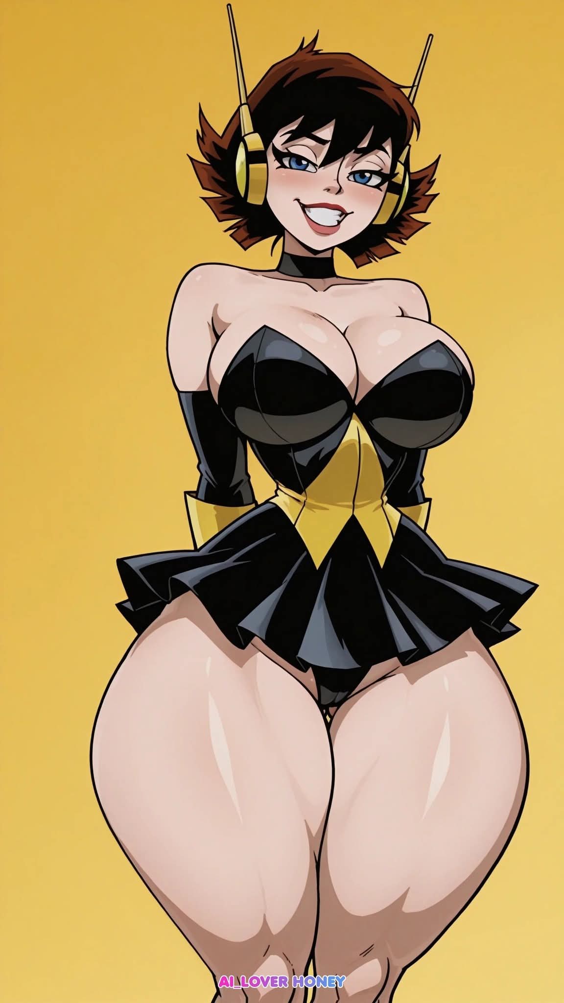 1girls, ai generated, ai loverhoney, avengers, big breasts, blue eyes, breasts, brown hair, cleavage, curvaceous, curvy female, eyes, female, female only, hands behind back, hourglass figure, janet van dyne, large breasts, light skin, light-skinned female, looking at viewer, marvel, marvel comics, miniskirt, panties, short hair, smiling, smiling at viewer, standing, the avengers: earth's mightiest heroes, thick, thick thighs, voluptuous, voluptuous female, wasp (earth's mightiest heroes), wasp (marvel), wide hips