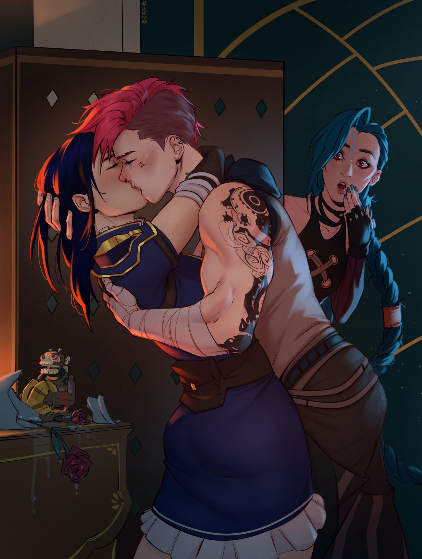 3girls, arcane, arcane caitlyn, arcane jinx, arcane vi, bandaged arm, bandages, blue hair, butch, caitlyn kiramman, canon couple, closed eyes, clothed, female, gasp, gasping, jinx (league of legends), kissing, league of legends, light skin, light-skinned female, long hair, muscular, muscular female, nose piercing, piercing, red hair, reference image, short hair, tagme, tomboy, valentinainat1, vi, wholesome, yuri, yuri with female audience