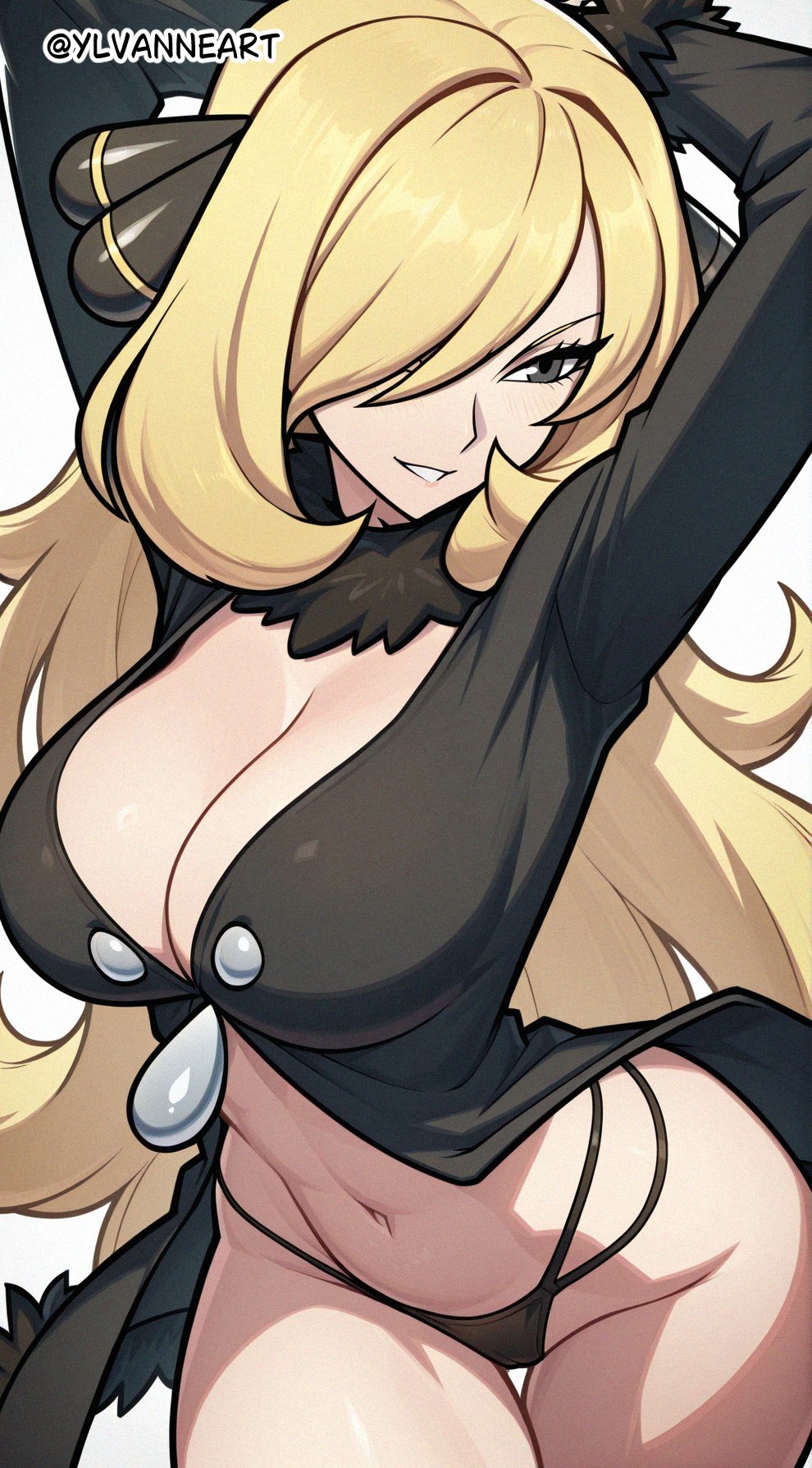 ai generated, big breasts, black coat, blonde hair, breasts, cleavage, coat, cowboy shot, cynthia (pokemon), female, grey eyes, hair over one eye, highres, long hair, navel, nintendo, panties, pokemon, pokemon dppt, shirt, simple background, solo, thick thighs, thighs, thong, twitter username, white background, ylvanne