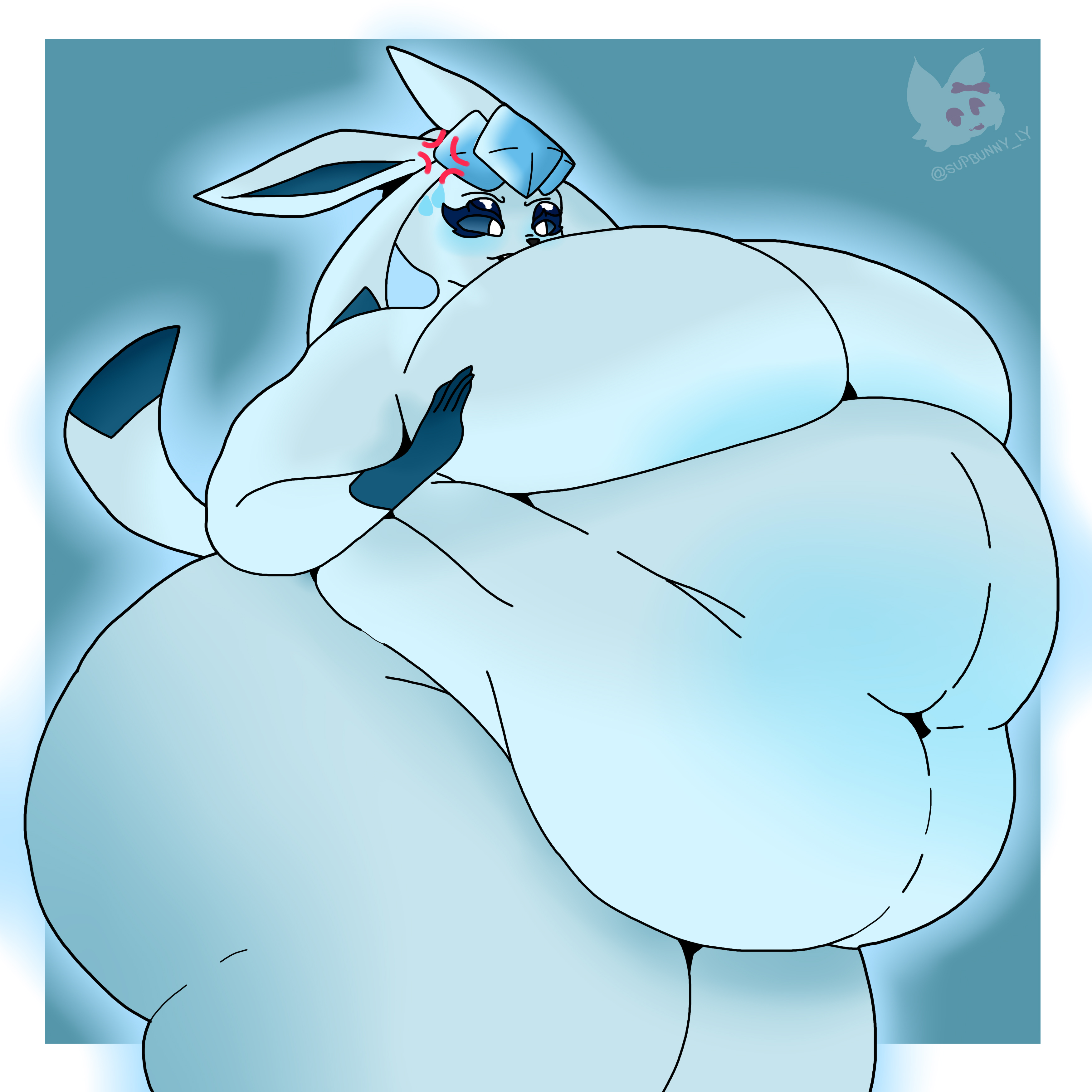 1girls, anger vein, anthro, artist signature, ass, bbw, belly, belly folds, belly overhang, big belly, big breasts, blue body, blue hair, blue sclera, blush, breasts, breasts bigger than head, eeveelution, embarrassed, eyelashes, fat, fat arms, fat belly, fat female, fat legs, fatfur, fatty, featureless breasts, female, female only, furry, game freak, glaceon, gloves (marking), hands on breasts, muffin top, naked, naked female, navel, nintendo, nude, nude female, obese, obese female, overweight, overweight female, pokemon, pokemon (species), segmented stomach, solo, supbunny ly, sweatdrop, tail, thick thighs, three-quarter portrait, two-tone body, voluptuous, white eyes, yapbunny