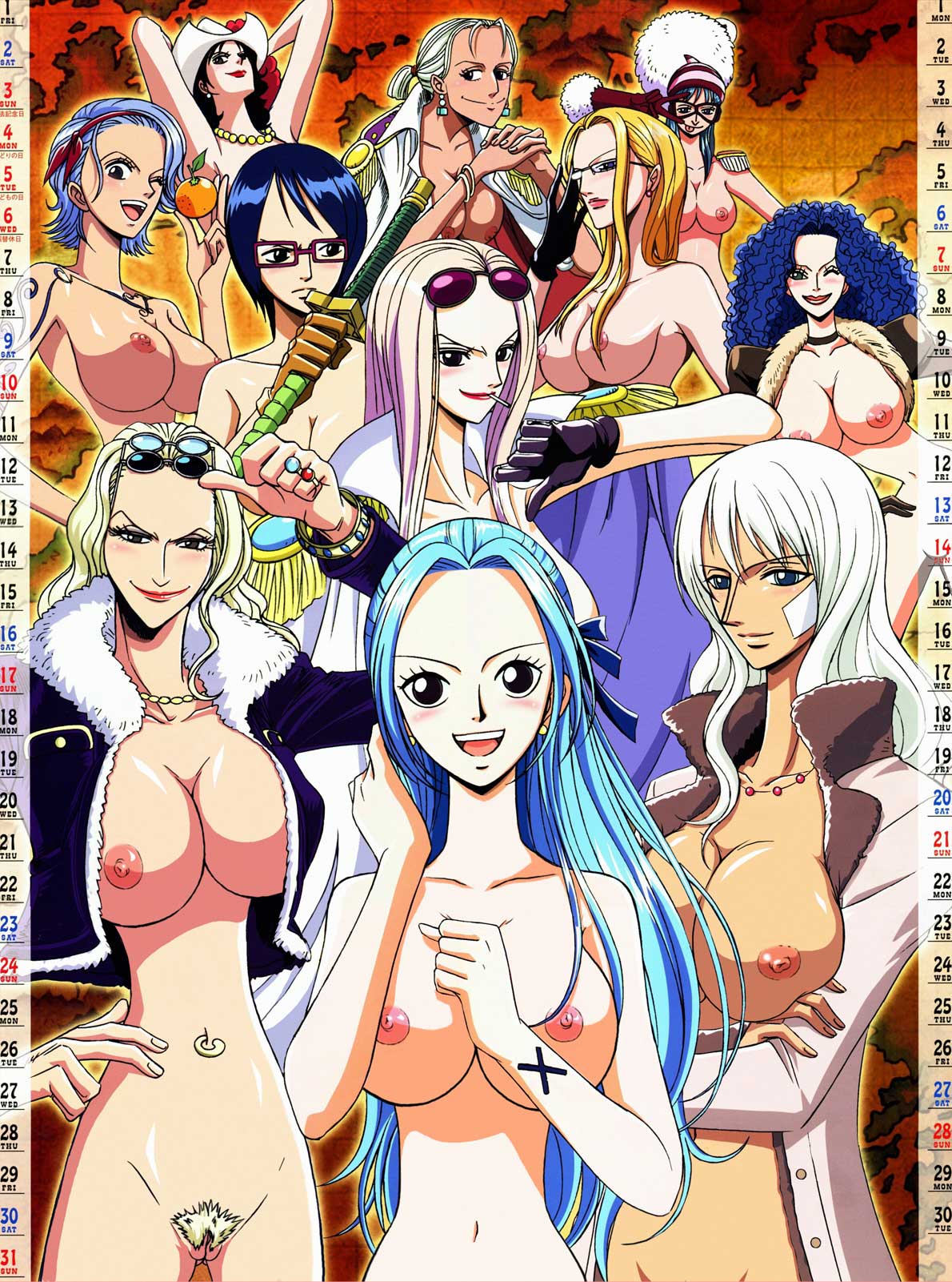 11girls 2016 6+girls adjusting_eyewear adjusting_glasses alvida arabasta_saga artist_request baroque_works big_breasts black_hair blonde_hair blue-tinted_eyewear blue_hair breasts cleavage erect_nipples eyebrows eyelashes eyewear_on_head female female_only gilf glasses_on_head hair hina_(one_piece) human human_only kalifa kureha_(one_piece) long_hair marine_(one_piece) miss_doublefinger multiple_girls nefertari_vivi nico_olvia nipples nojiko one_piece porche princess pubic_hair shounen_jump sunglasses sunglasses_on_head tashigi tinted_eyewear toei_animation tsuru_(one_piece) vagina white_hair zala_(one_piece)