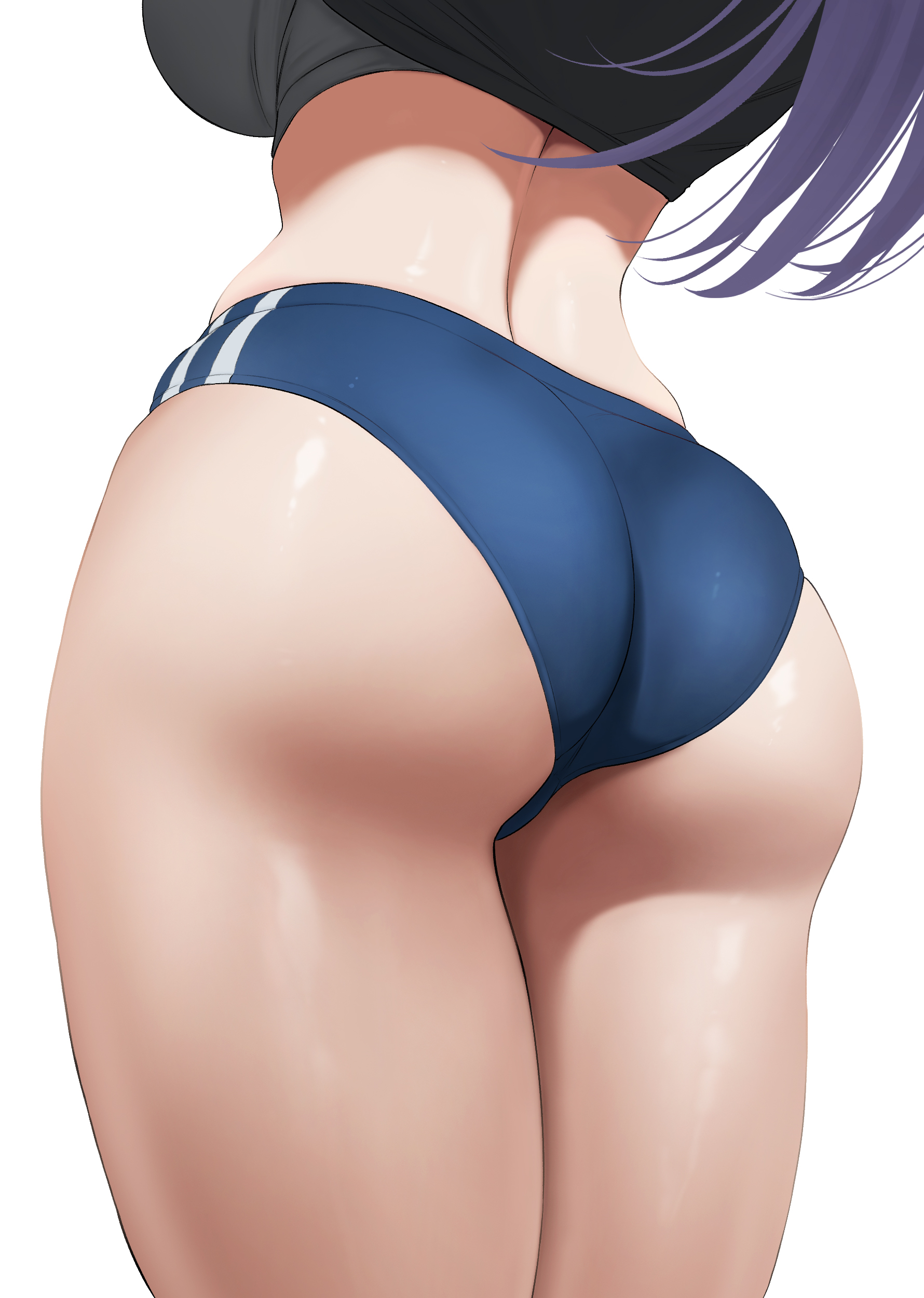 absurdres, ass, ass focus, back, blue archive, buruma, clothes lift, female, from behind, gym uniform, highres, long hair, median furrow, official alternate costume, purple hair, shirt lift, simple background, skindentation, solo, sports bra, thick thighs, thighs, user xkka4243, white background, yuuka (blue archive), yuuka (track) (blue archive)