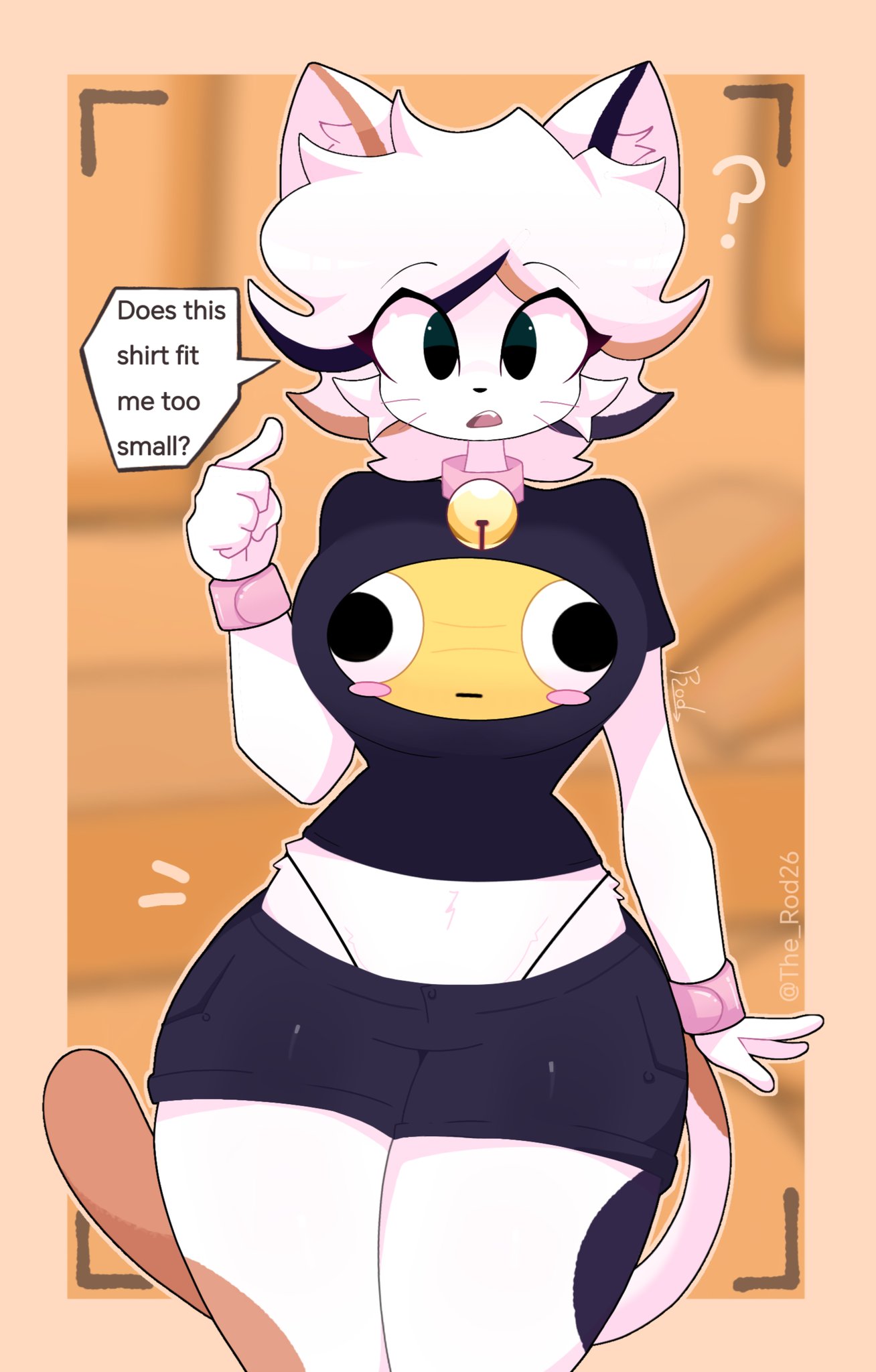 1girls, 2020s, 2025, 2d, 4k, 5 fingers, anthro, anthro female, anthro only, author character, background, bell collar, big breasts, black body, black fur, black hair, black shirt, black shorts, black t-shirt, blurry background, bracelet, bracelets, breasts, calico cat, cat ears, cat girl, cat tail, catgirl, collar, digital drawing (artwork), digital media (artwork), emoji, eyebrows, eyelashes, fangs, felid, felid humanoid, feline, feline humanoid, female, female focus, female only, fluffy, fluffy ears, fluffy hair, front view, furry, furry female, furry only, green eyes, green iris, hi res, huge breasts, humanoid hands, jpeg, katy (rod), large breasts, looking at viewer, necklace, oc, open mouth, orange body, orange fur, original, original character, original characters, panties, panties visible through clothing, pink bracelet, pink bracelets, pink collar, pink tongue, portrait, portrait (object), print shirt, quest, question, question mark, questioning, rod (artist), sfw, shirt, short hair, short sleeves, shorts, signature, signature artist name, simple background, simple shading, small waist, standing, t-shirt, table, tagme, tail, tail motion, talking, talking to viewer, text, text box, text bubble, the rod26, thick, thick hips, thick legs, thick thighs, thin tail, three-tone fur, three-tone hair, tight clothes, tight clothing, tight fit, tongue, twitter username, white body, white border, white fur, white hair, white pupils, white sclera, white skin, wide hips, woman only