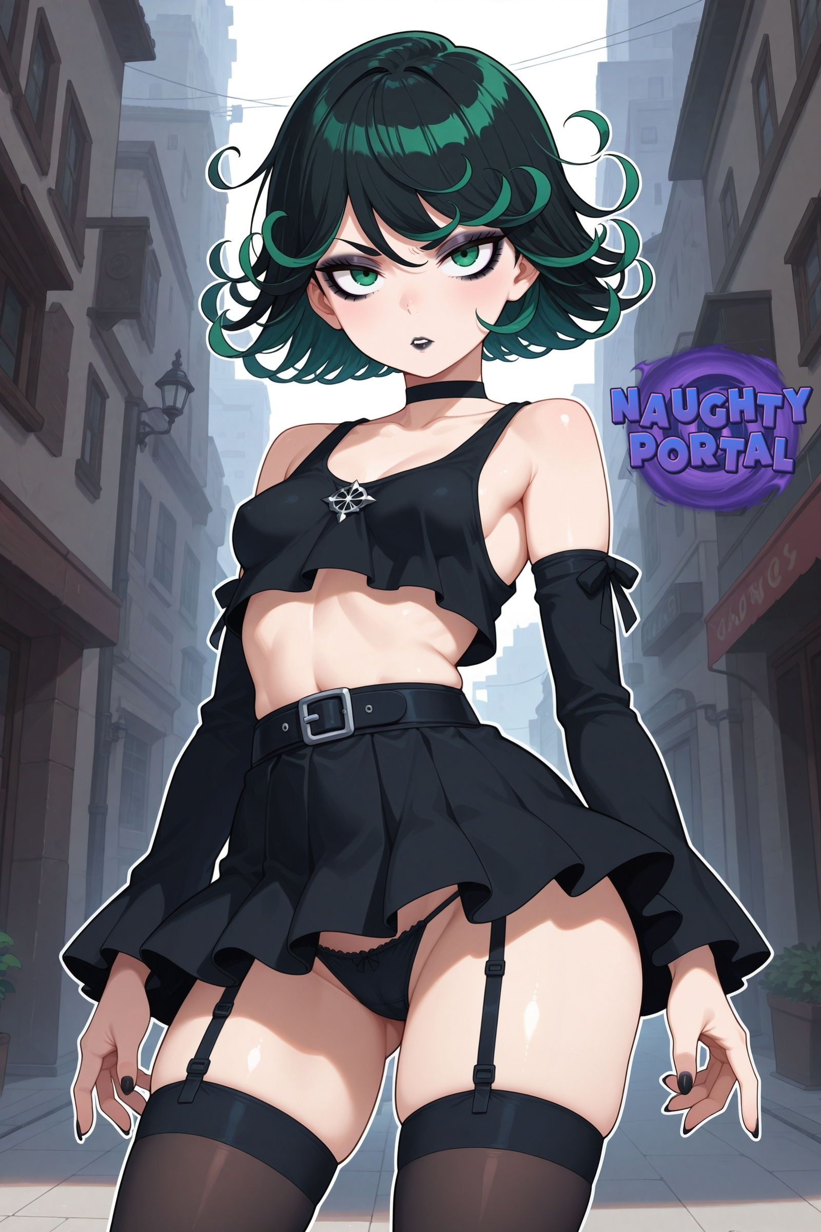 1girls, ai generated, black hair, black lipstick, black makeup, black nail polish, black nails, black skirt, black tank top, black thong, breasts, butt fang, city, female, female only, garter, garter straps, goth, goth girl, goth tatsumaki, gothic, gothic girl, green eyes, green hair, jorgecarlosai, lipstick, makeup, medium hair, messy hair, nail polish, one-punch man, skirt, small boobs, small breasts, small tits, solo, standing, tank top, tatsumaki, thighhighs, thong, two-tone hair, visible thong, visible underwear, watermark