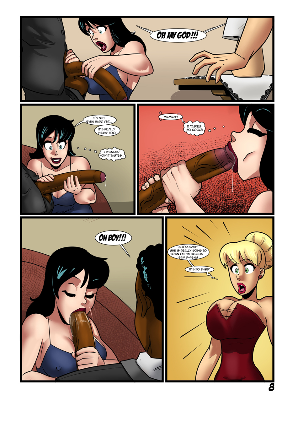 2girls, archie comics, betty and veronica, betty and veronica in : once you go black, betty cooper, big breasts, big penis, black hair, blonde hair, breasts, busty, chuck clayton, cleavage, comic, dark skin, dark-skinned male, english text, fellatio, female, hair, handjob, hourglass figure, interracial, kennycomix, kennycomix's riverdale stories, lipstick, male, oral, page 8, penis, penis awe, rabies-t-lagomorph, text, veronica lodge, voluptuous