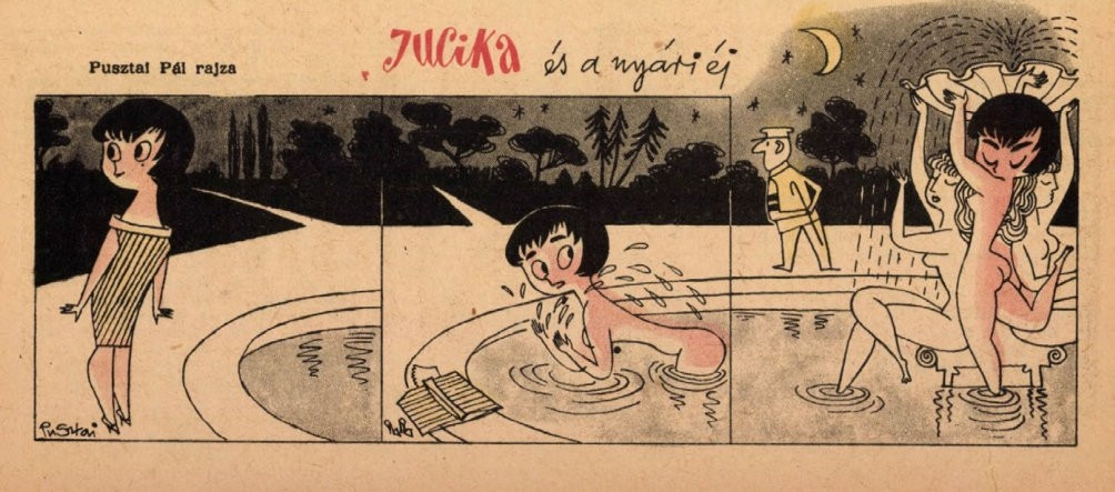 bathing, clothing, comic, comic strip, completely nude, female, fountain, hiding, human, jucika, jucika (comic), nude, official art, pale skin, public, statue, stealth, vintage