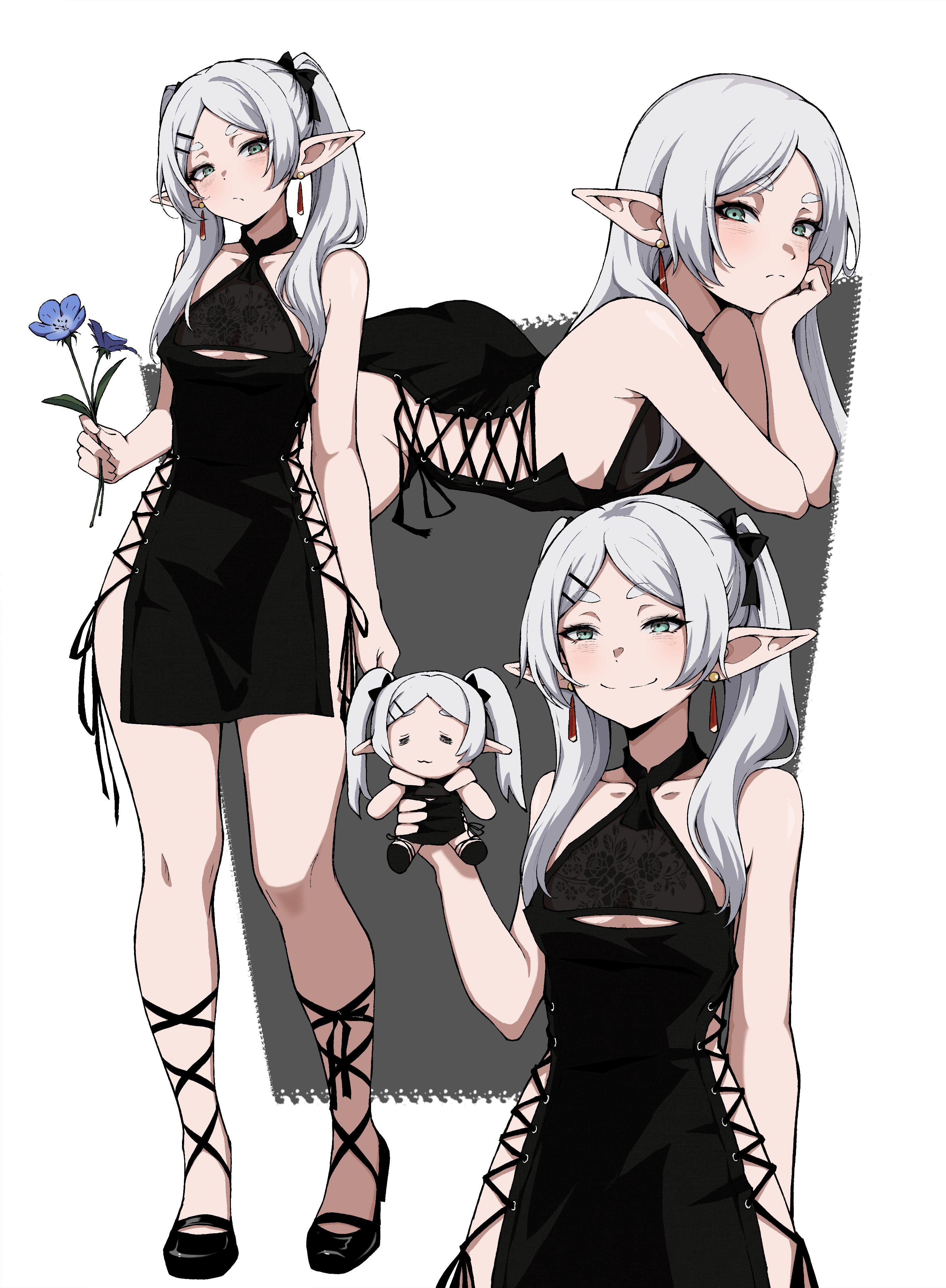 :/, :3, = =, 1girls, 2d, absurdres, alternate costume, alternate hairstyle, black dress, black shoes, blue flower, breasts, character doll, clothed, clothed female, clothing cutout, color, commentary, doll, dress, earrings, elf, elf female, female, female only, floating earrings, flower, frieren, frieren beyond journey's end, full body, full color, fully clothed, green eyes, grey hair, grin, hair down, hair over shoulder, highres, holding, holding doll, holding flower, jewelry, kekel, long hair, long pointy ears, looking at viewer, lying, meme, multiple views, non-nude, on stomach, parted bangs, pointy ears, shoes, side slit, side-tie dress, small breasts, smile, solo, sousou no frieren, strappy heels, teardrop earrings, thick eyebrows, thighs, twintails, underboob cutout, white background, you can just give this kind of thing to men and they will be thrilled (meme)